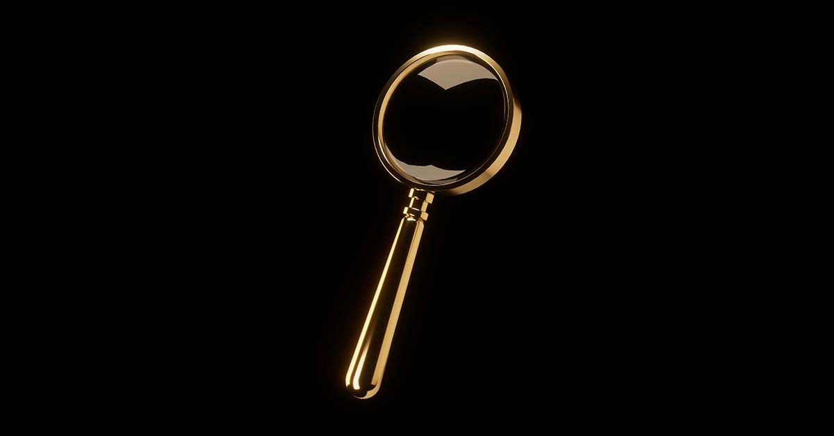 Gold magnifying glass on a black background, illustrating a seven-question visual audit of a beverage brand's product images
