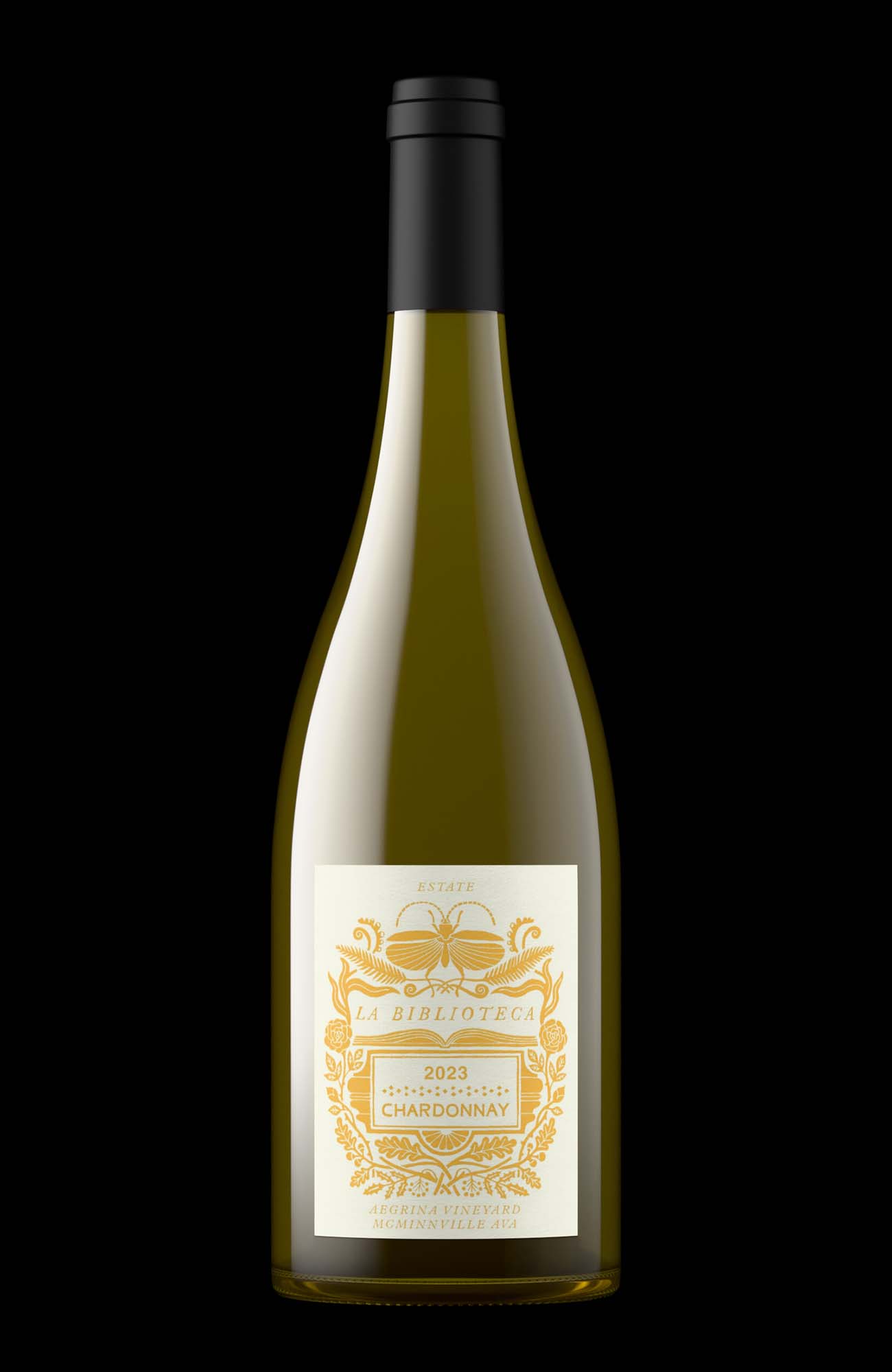 La Biblioteca 2023 Chardonnay from Aegrina Vineyard, McMinnville AVA, a standard Burgundy bottle shot produced self-serve with Outshinery Lite