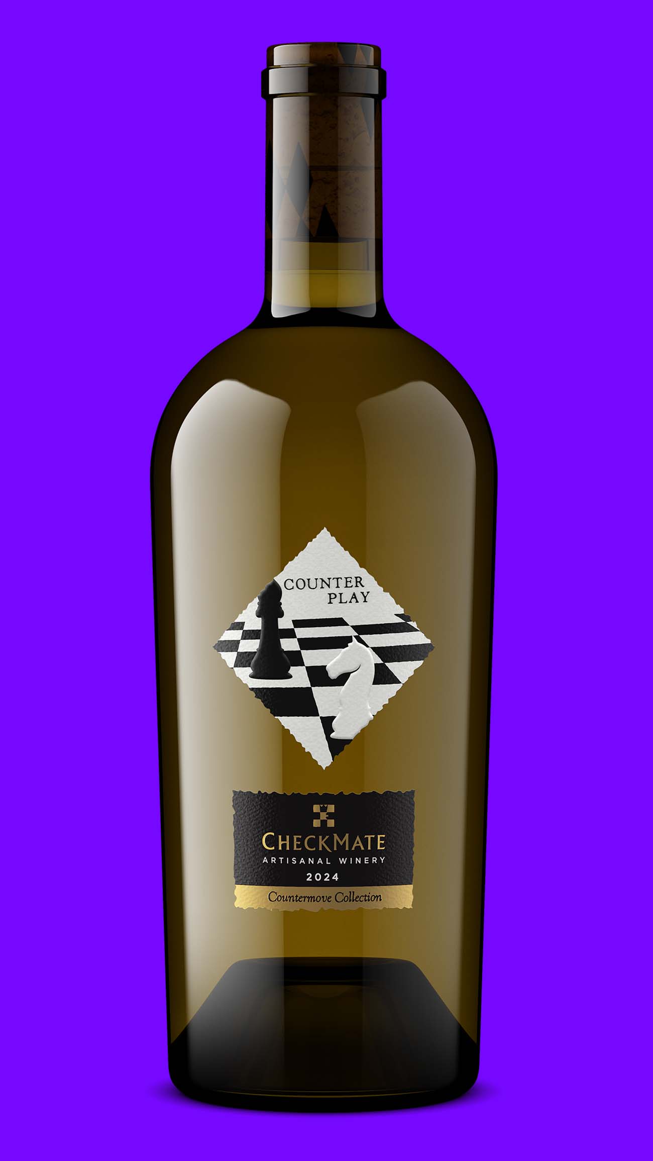 CheckMate Artisanal Winery Counter Play 2024 bottle shot showing embossed chess-piece label detail and gold foil, rendered by Outshinery Studio
