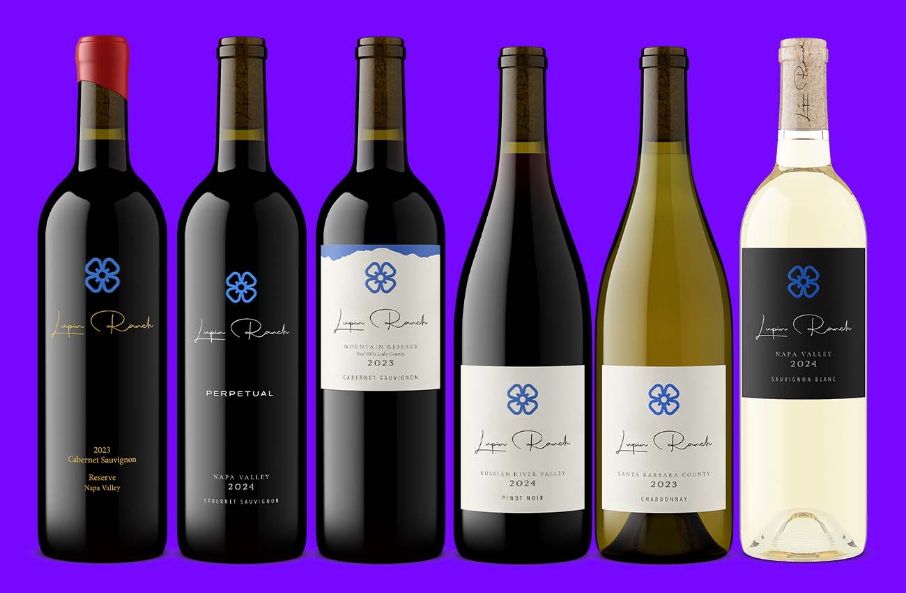Lupin Ranch portfolio of six wines rendered as bottle shots with consistent lighting, angle, and scale across every SKU