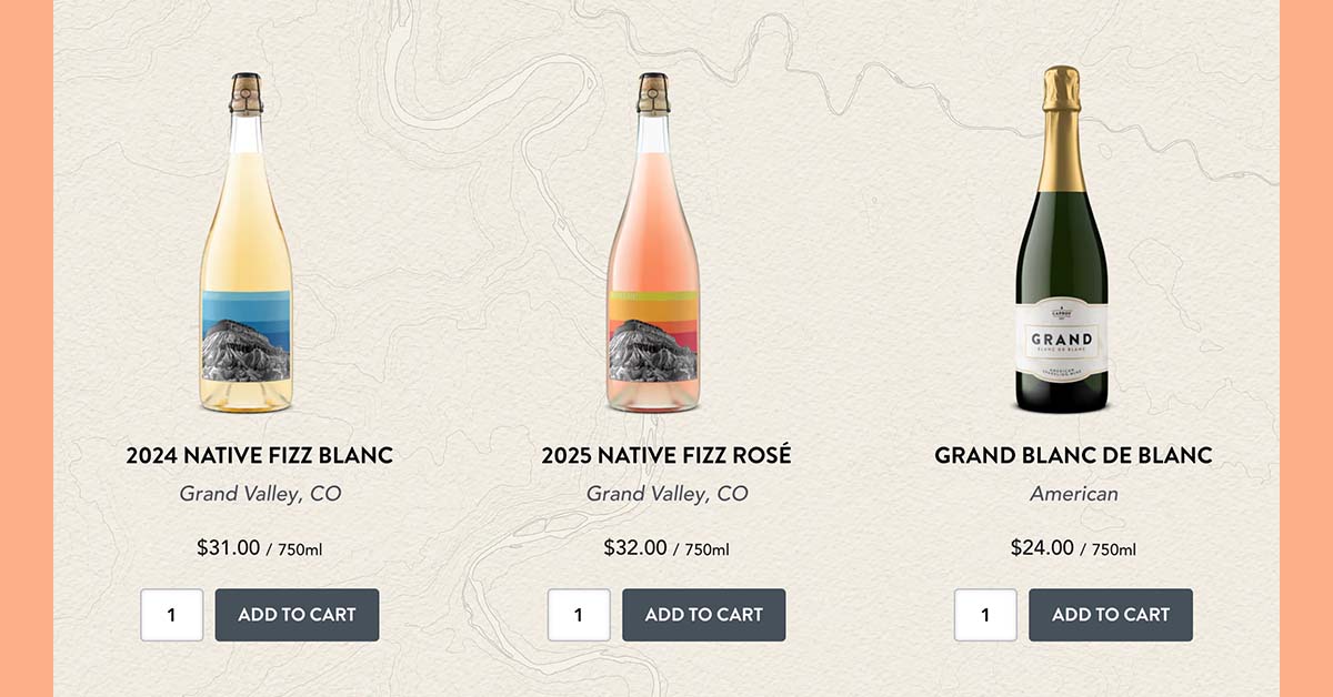 Ecommerce shop page with three sparkling wine bottle shots, prices, and add to cart buttons, showing how clear wine bottle images earn the click
