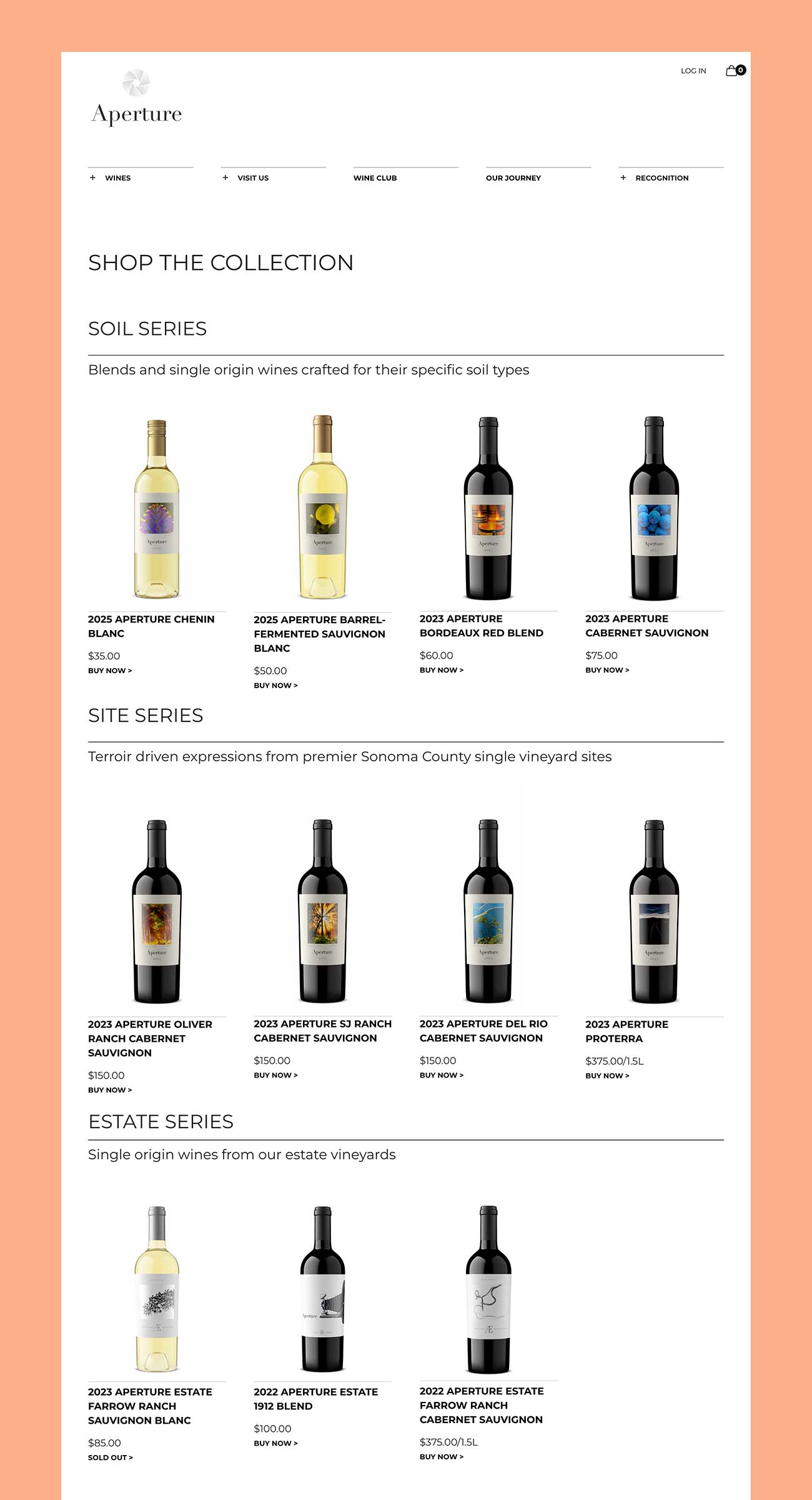 Aperture winery collection page showing eleven wine bottle shots across three series, each judged at thumbnail size on a crowded category page