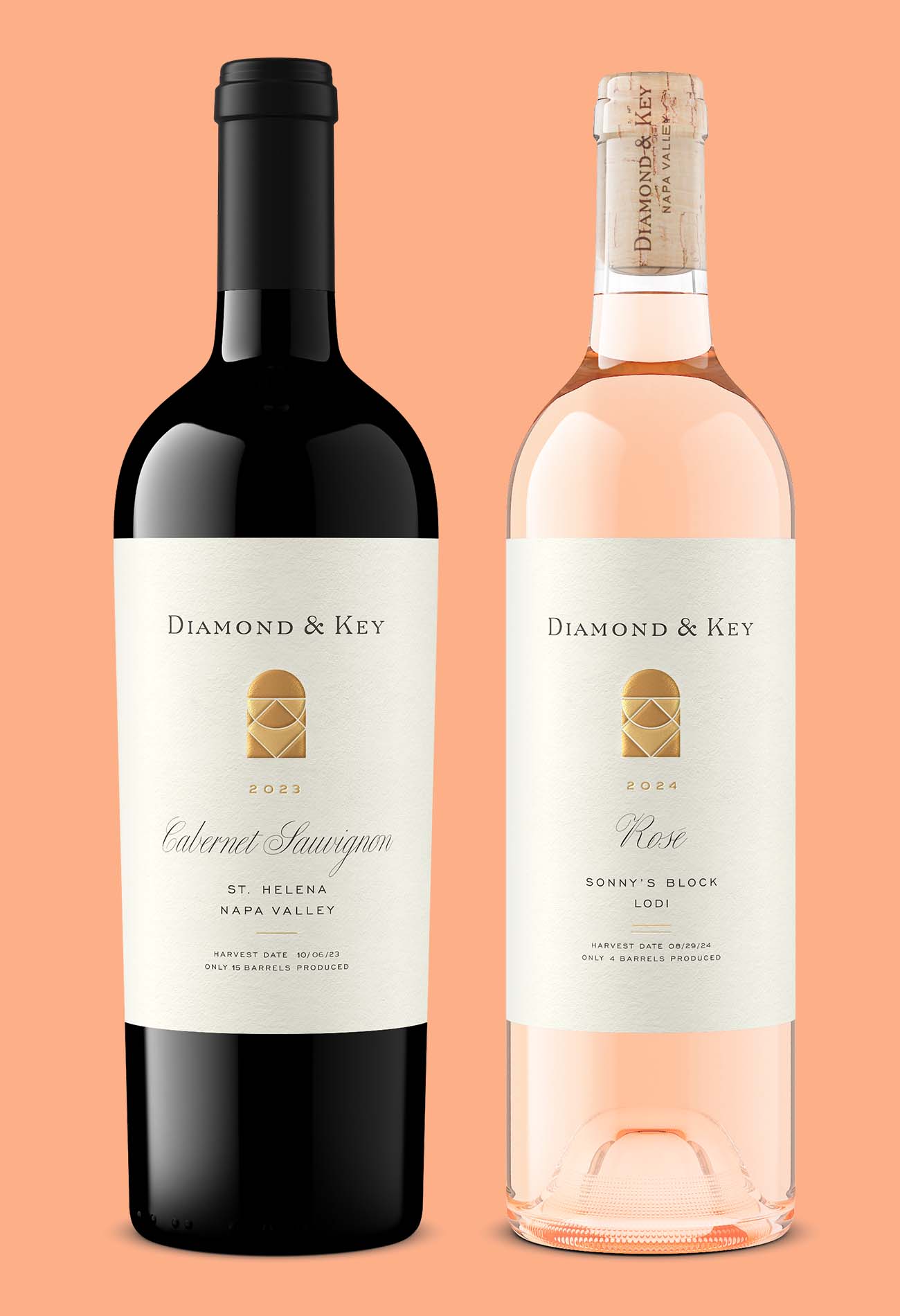 Diamond & Key 2023 Cabernet Sauvignon and 2024 Rosé bottle shots side by side with matched lighting and true label color