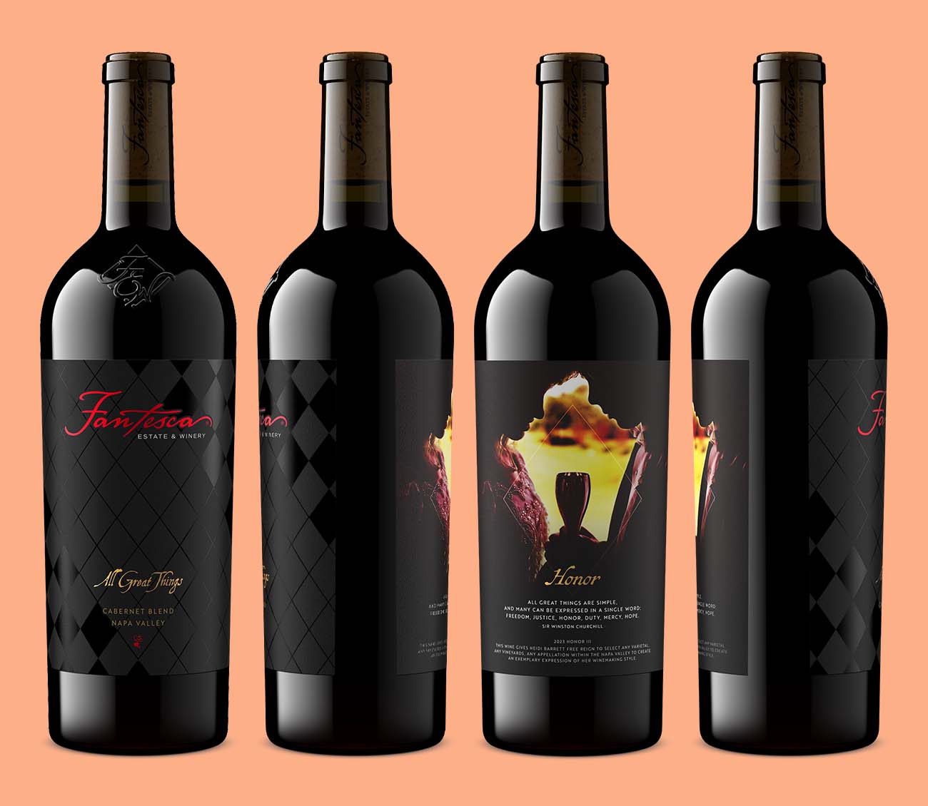 Four Fantesca Estate Cabernet blend bottle shots at different angles, with consistent lighting and label detail on a dark, hard to photograph package