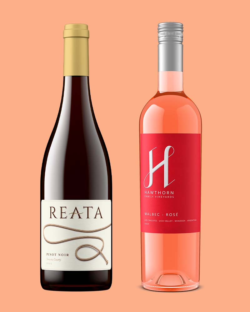 Reata Pinot Noir and Hawthorn Family Vineyards Malbec Rosé bottle shots, photorealistic wine product photography produced without a photoshoot