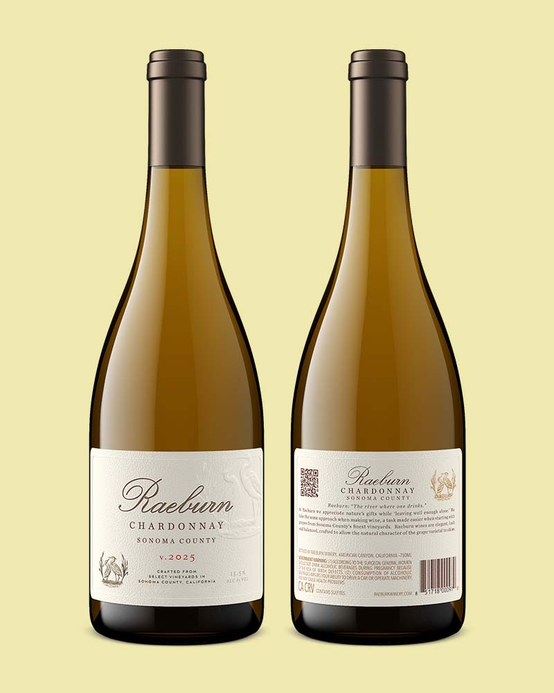 Raeburn Chardonnay Sonoma County rendered front and back, showing the full label detail a catalog listing needs