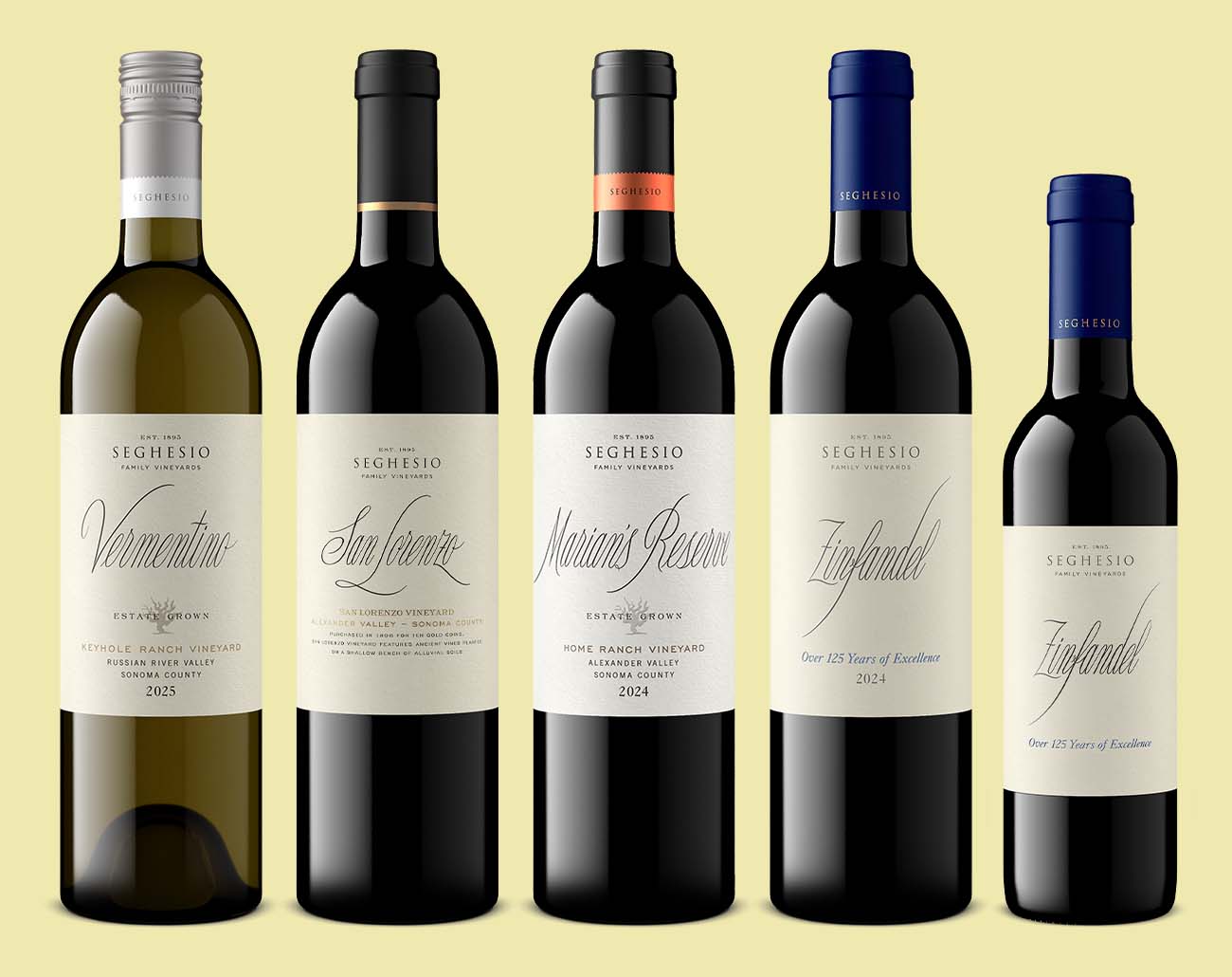 Seghesio Family Vineyards lineup rendered as consistent bottle shots, including a 375ml Zinfandel, ready for a distributor catalog listing