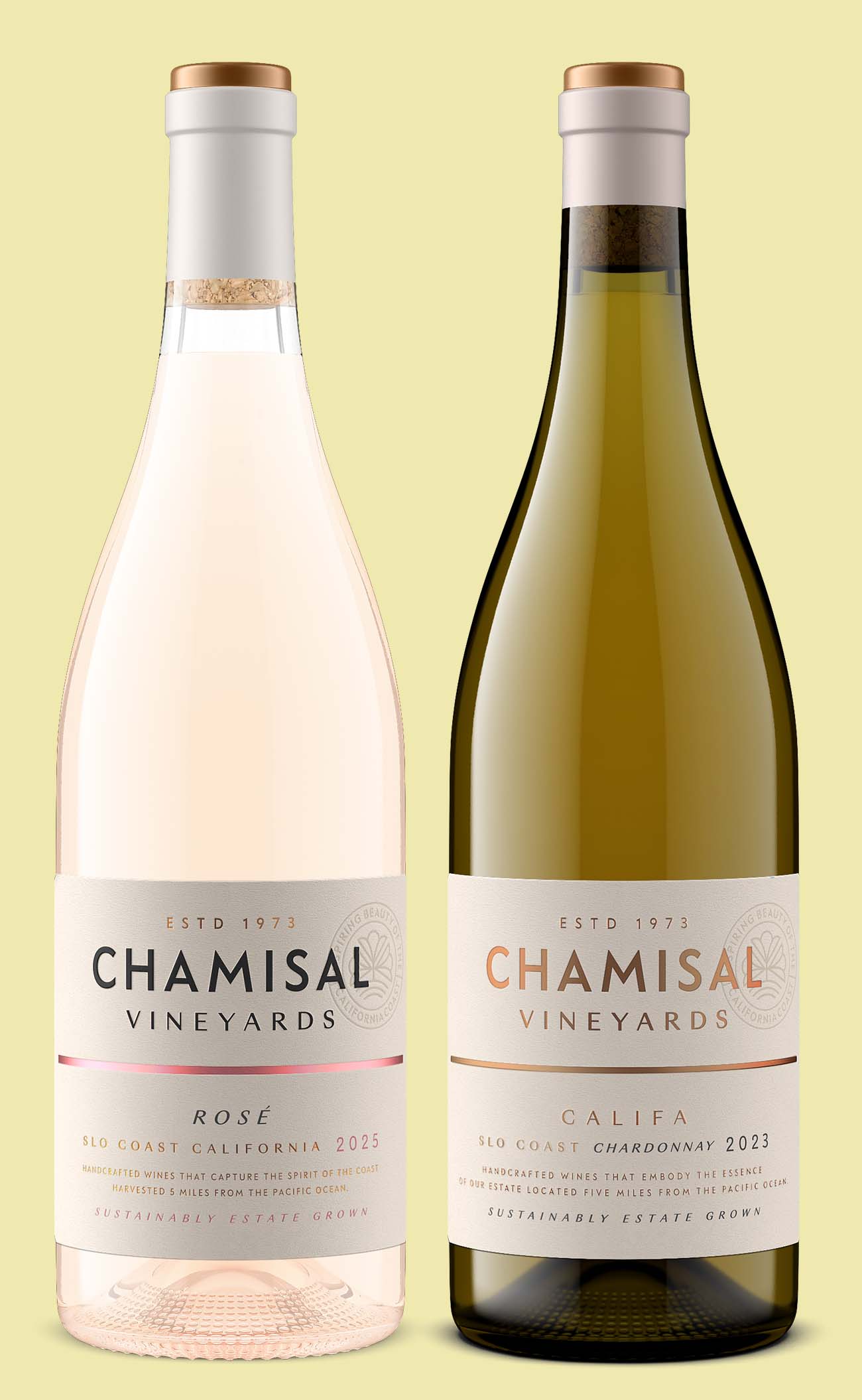 Chamisal Vineyards Rosé in flint glass beside the Califa Chardonnay in green glass, showing how much the container shape changes the shot