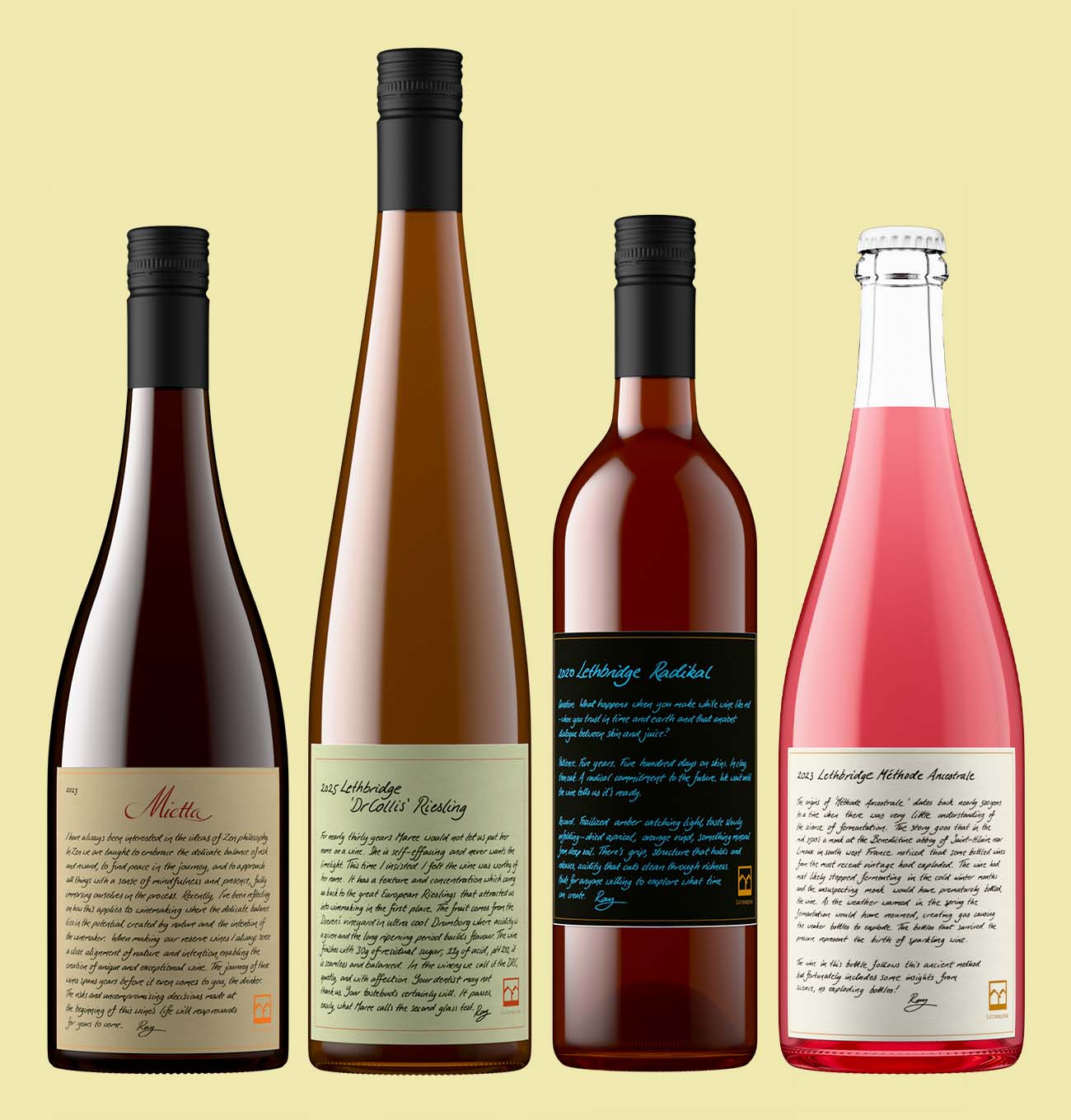 Four Lethbridge wines with handwritten labels, including a crown-capped Méthode Ancestrale, rendered as bottle shots without a photoshoot