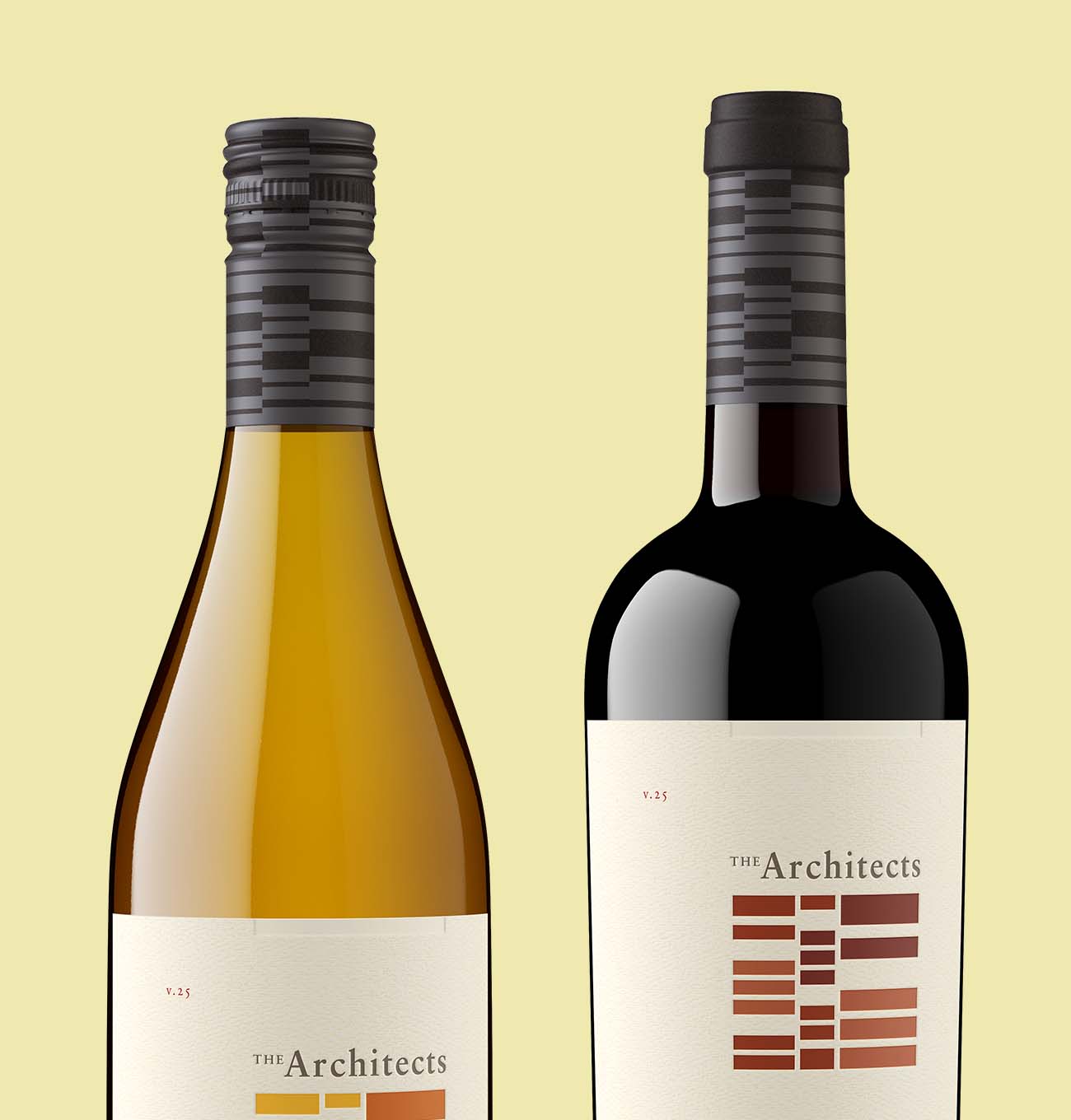 Close-up of two The Architects bottles showing a custom printed capsule over the closure, the detail that has to be specified up front