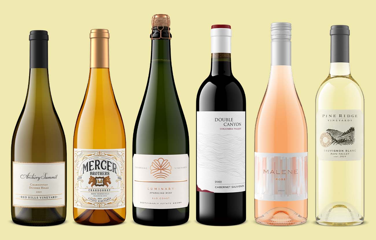 Six wines from different producers, Archery Summit, Mercer Brothers, Chamisal, Double Canyon, Malene and Pine Ridge, rendered to one catalog standard