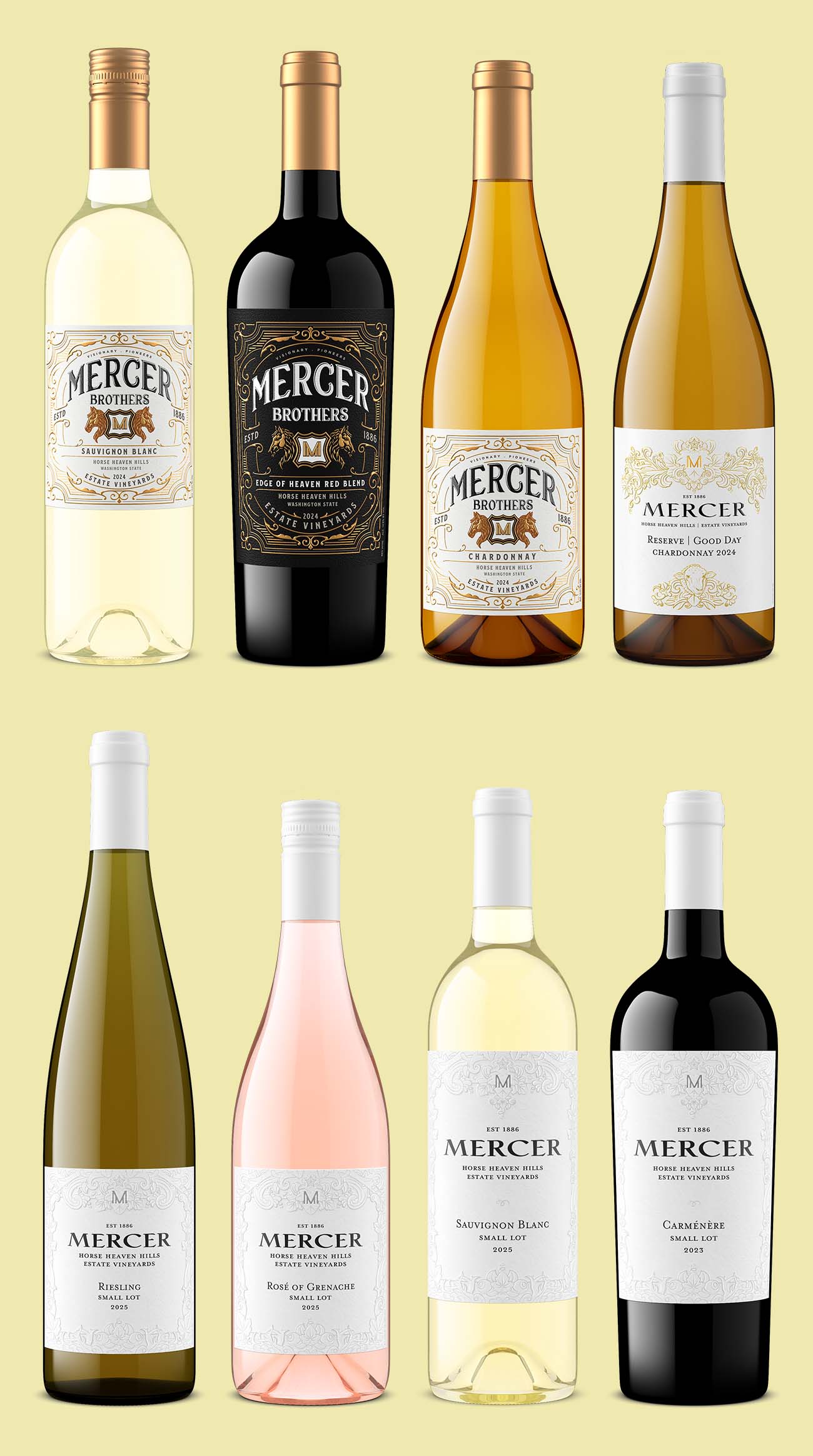 Eight Mercer and Mercer Brothers wines rendered with the same lighting and angle, from Sauvignon Blanc to Carménère