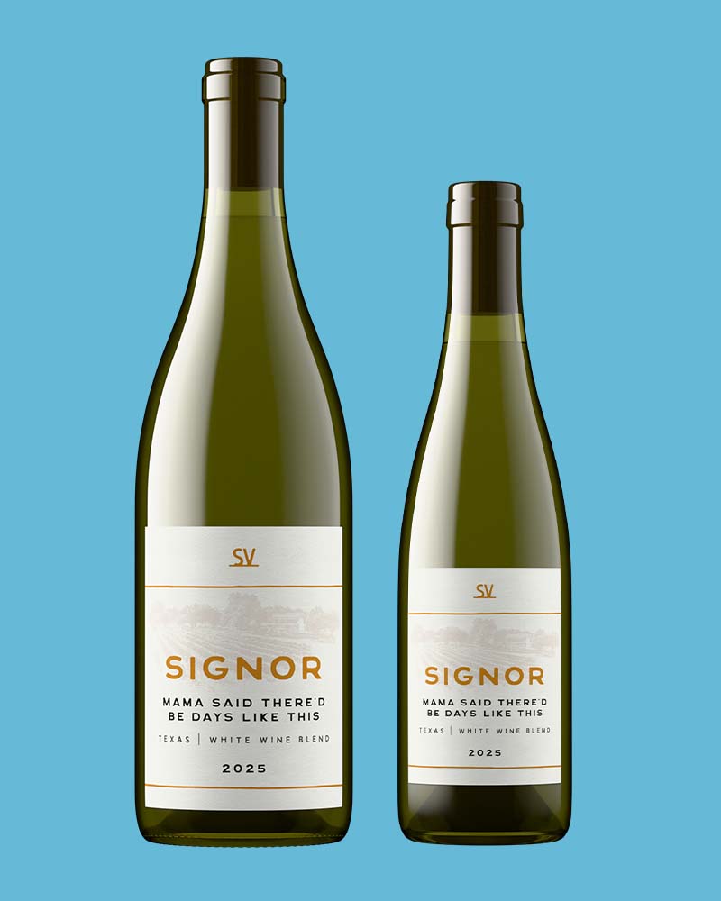 Signor 2025 Texas white wine blend rendered on two bottle shapes from a single label file with Outshinery Lite