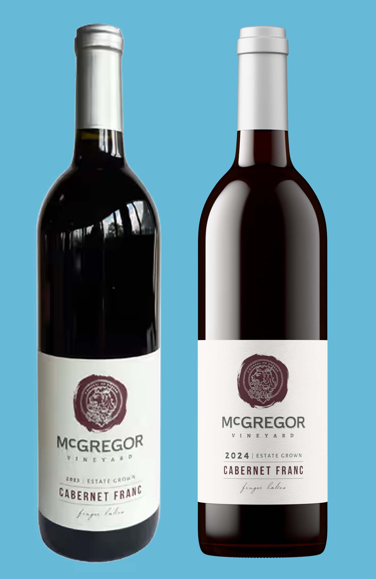 McGregor Vineyard Cabernet Franc shown as a phone photo of the 2023 next to a photorealistic 2024 wine bottle shot rendered from the label file