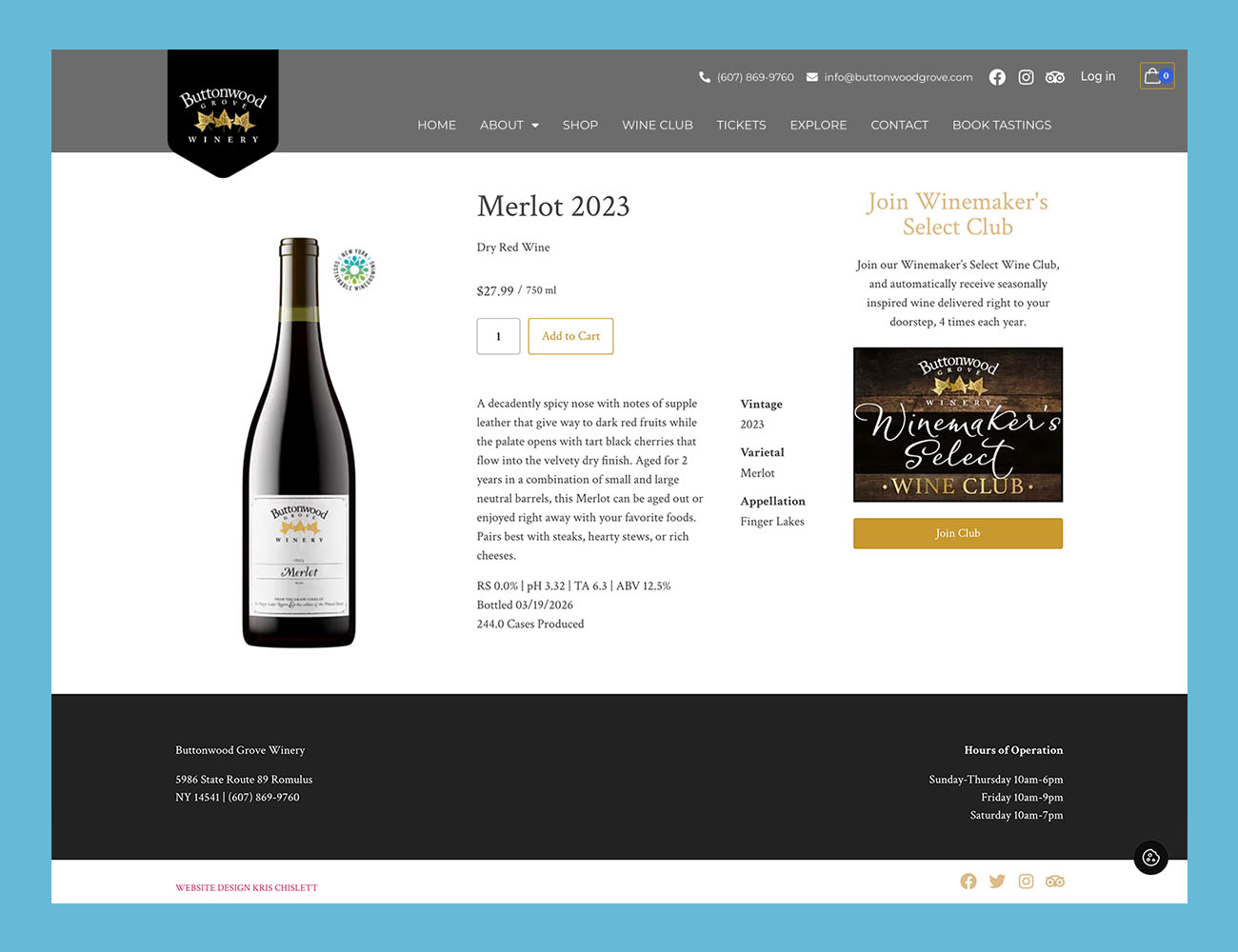Buttonwood Grove Winery product page for its 2023 Finger Lakes Merlot, using a clean white-background wine bottle shot