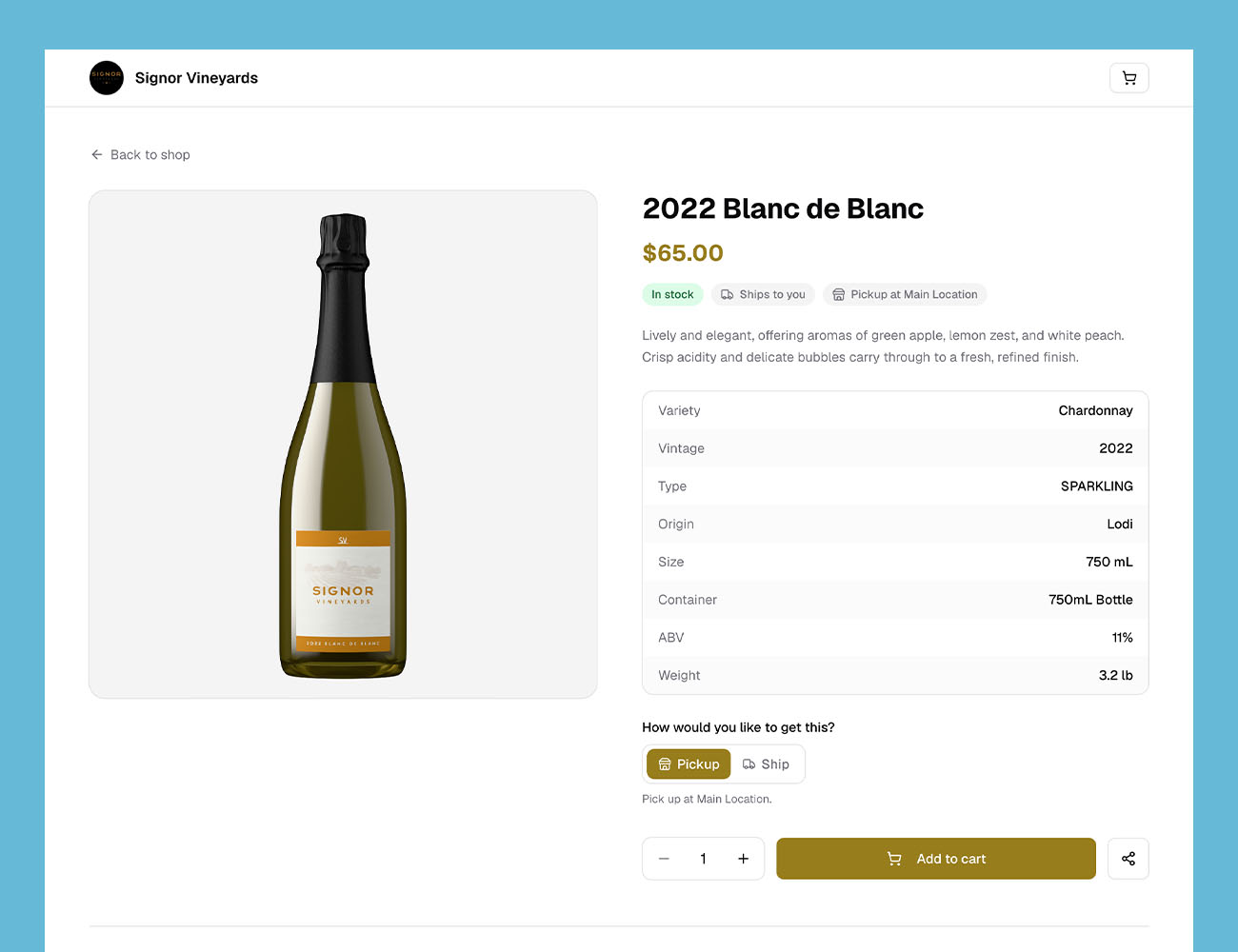 Signor Vineyards online listing for the 2022 Blanc de Blanc, with a photorealistic sparkling wine bottle shot on a plain background