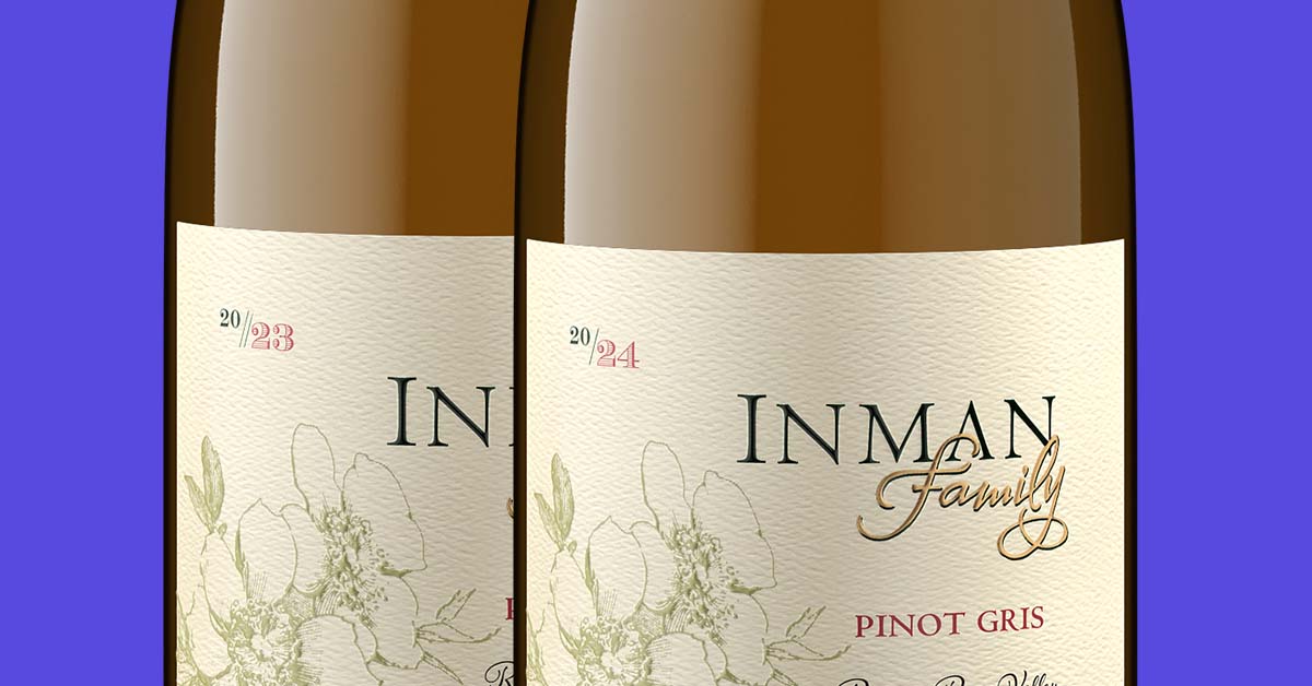 Inman Family Pinot Gris labels side by side showing the 2023 and 2024 vintage years, the kind of label change that makes existing bottle shots inaccurate