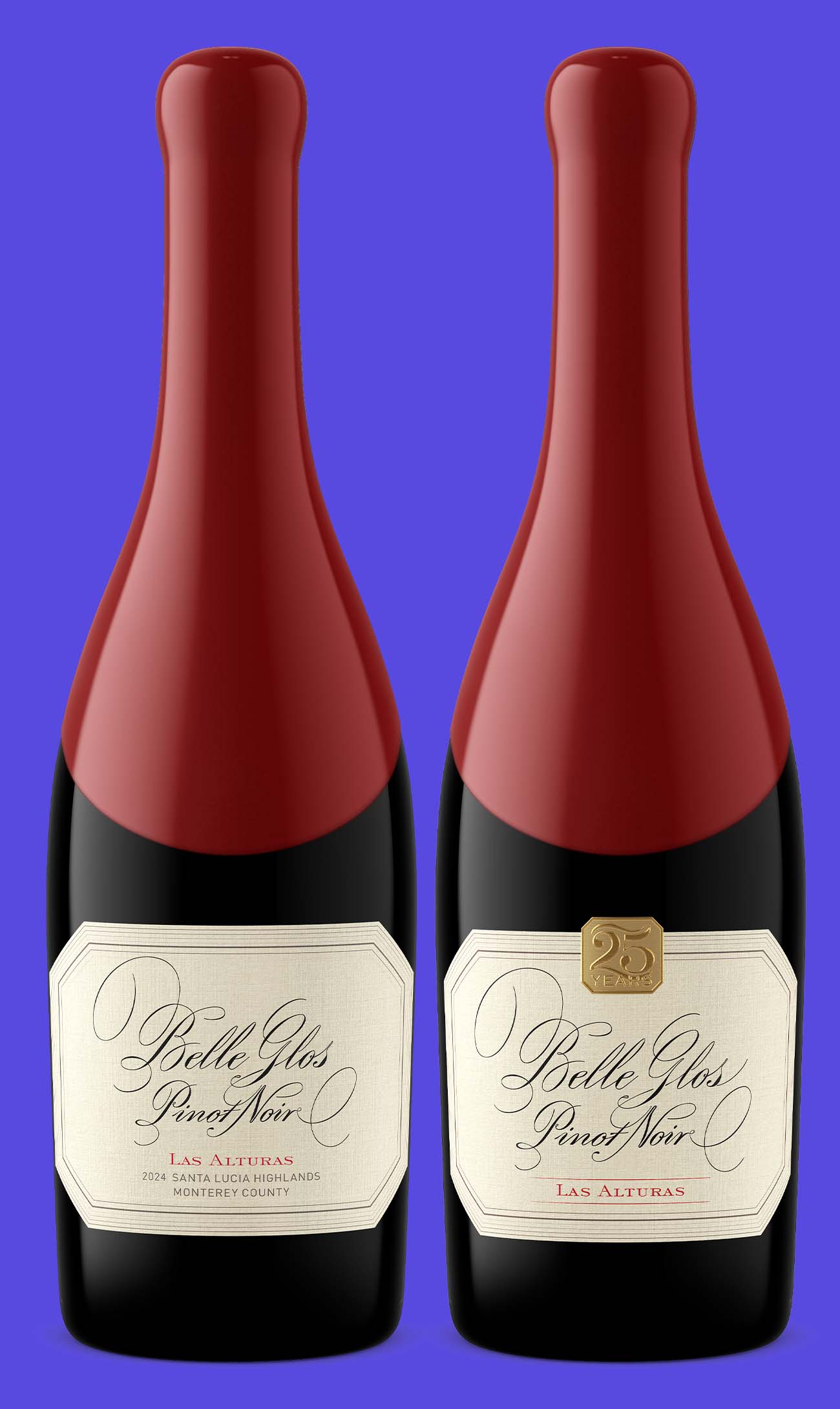 Two Belle Glos Las Alturas Pinot Noir bottles with red capsules, one carrying 2024 appellation text and one carrying a 25 Years medallion, showing how label copy shifts between releases