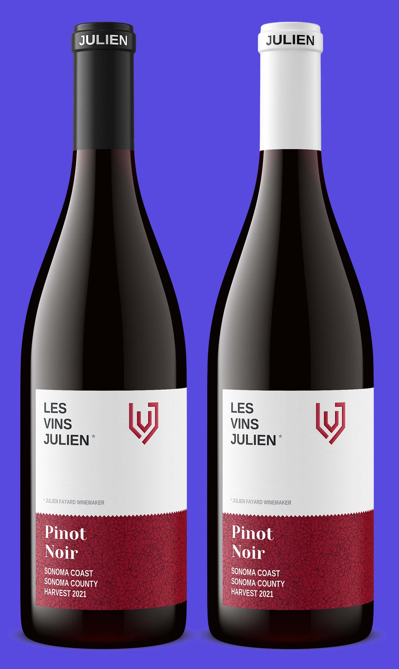 Les Vins Julien Pinot Noir bottles side by side with a black capsule and a white capsule, the same wine needing two separate bottle shots after a packaging change