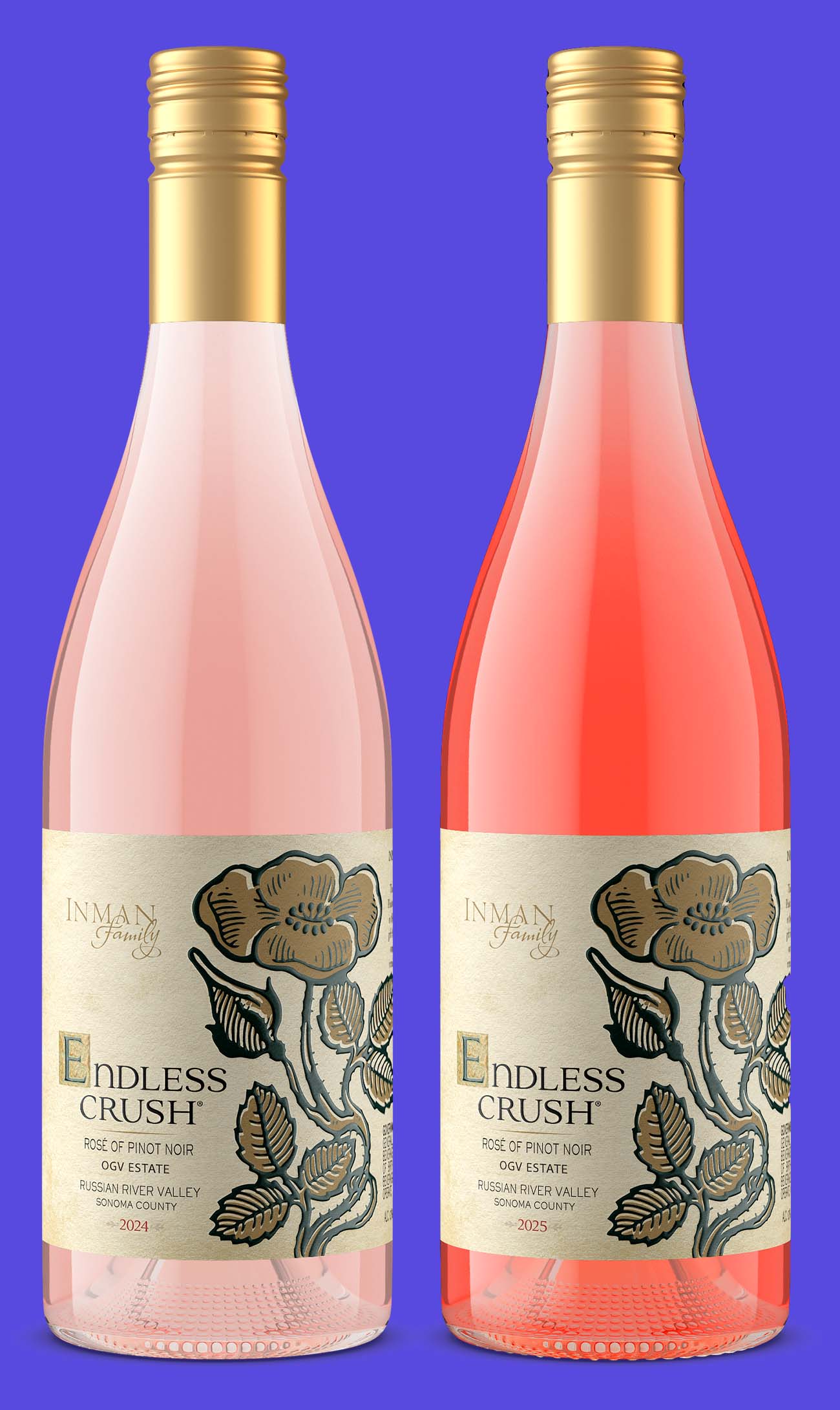Inman Family Endless Crush Rosé of Pinot Noir in the 2024 and 2025 vintages, showing a vintage year change and a visible shift in wine color