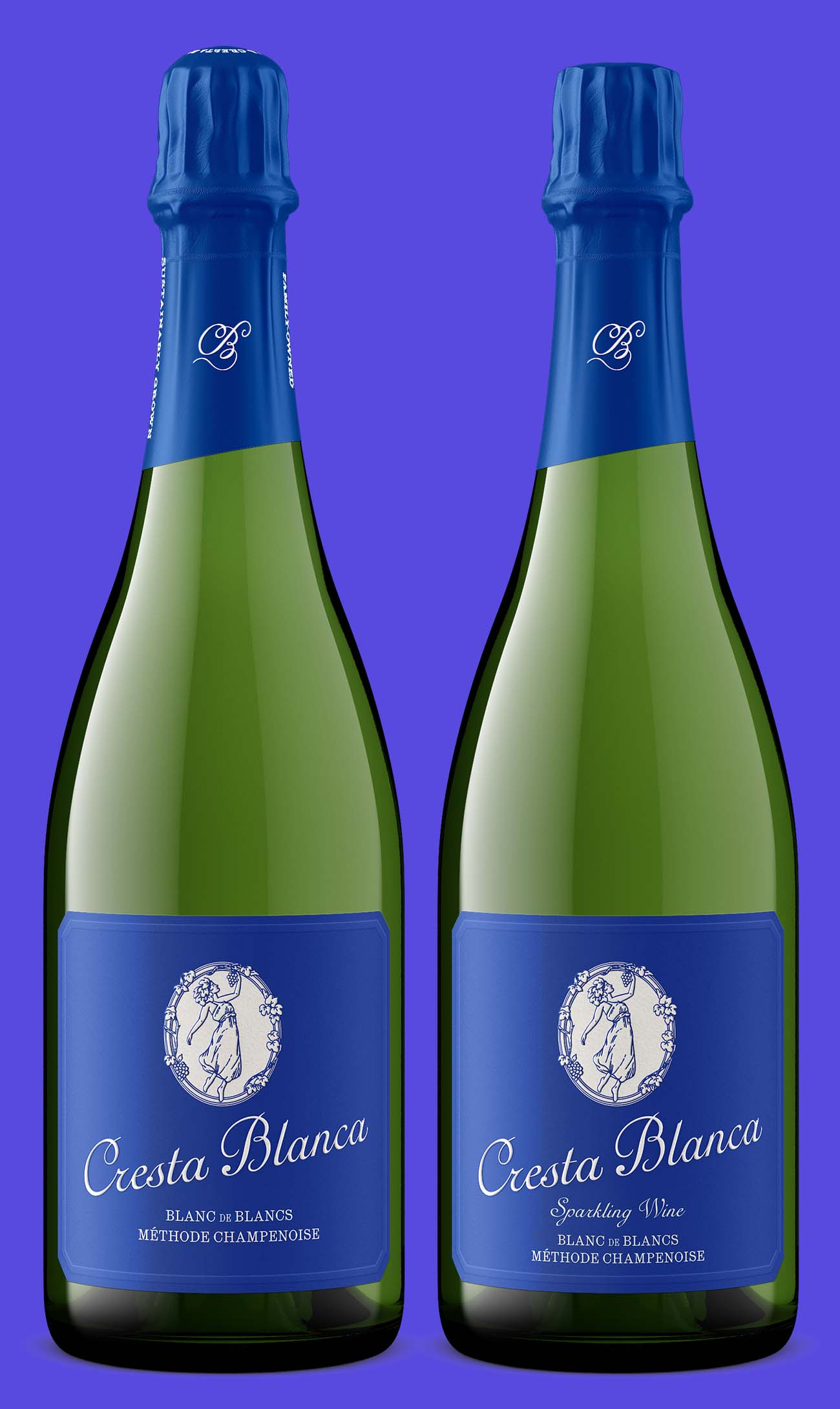 Two Cresta Blanca Blanc de Blancs bottles where the right label adds the words Sparkling Wine, a small mandatory copy change that invalidates the earlier product shot