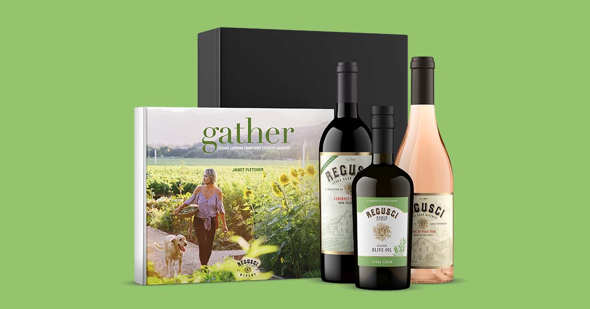 Regusci Winery gift set with the Gather cookbook, a Napa Valley Cabernet Sauvignon, a rosé of Pinot Noir, and the estate olive oil, all built to one visual standard