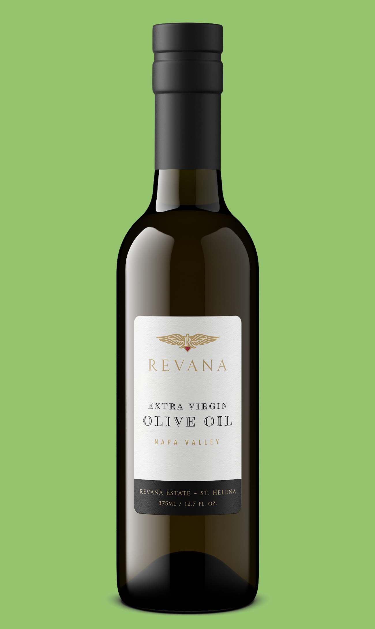 Revana extra virgin olive oil from Napa Valley in a 375ml dark green bottle, the estate olive oil line beside a winery's wine portfolio