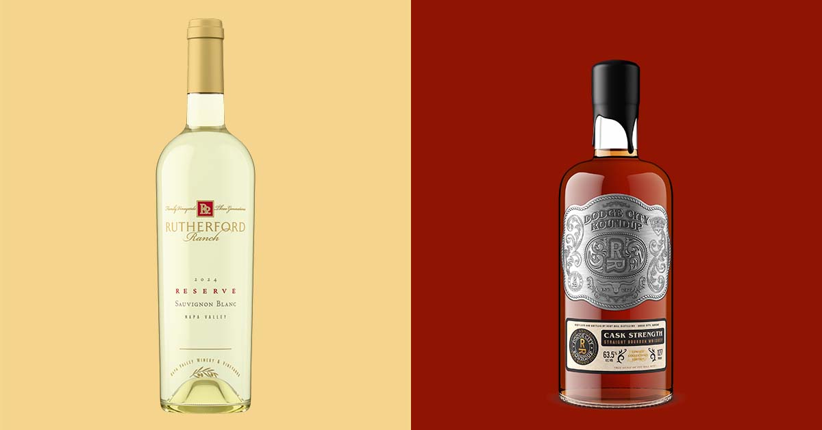 Rutherford Ranch 2024 Reserve Sauvignon Blanc bottle shot beside a Dodge City Roundup cask strength bourbon, the wine Lite covers and the spirits bottle it does not