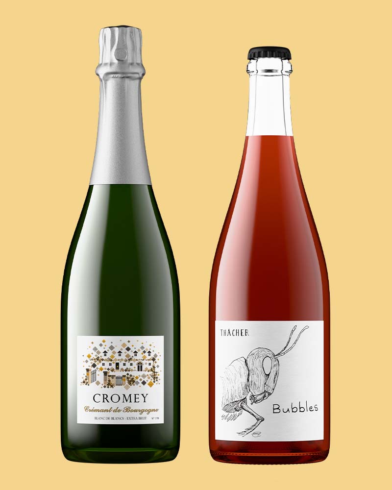 Cromey Crémant de Bourgogne and Thacher Bubbles rosé bottle shots side by side, two sparkling labels rendered on standard Lite bottle shapes