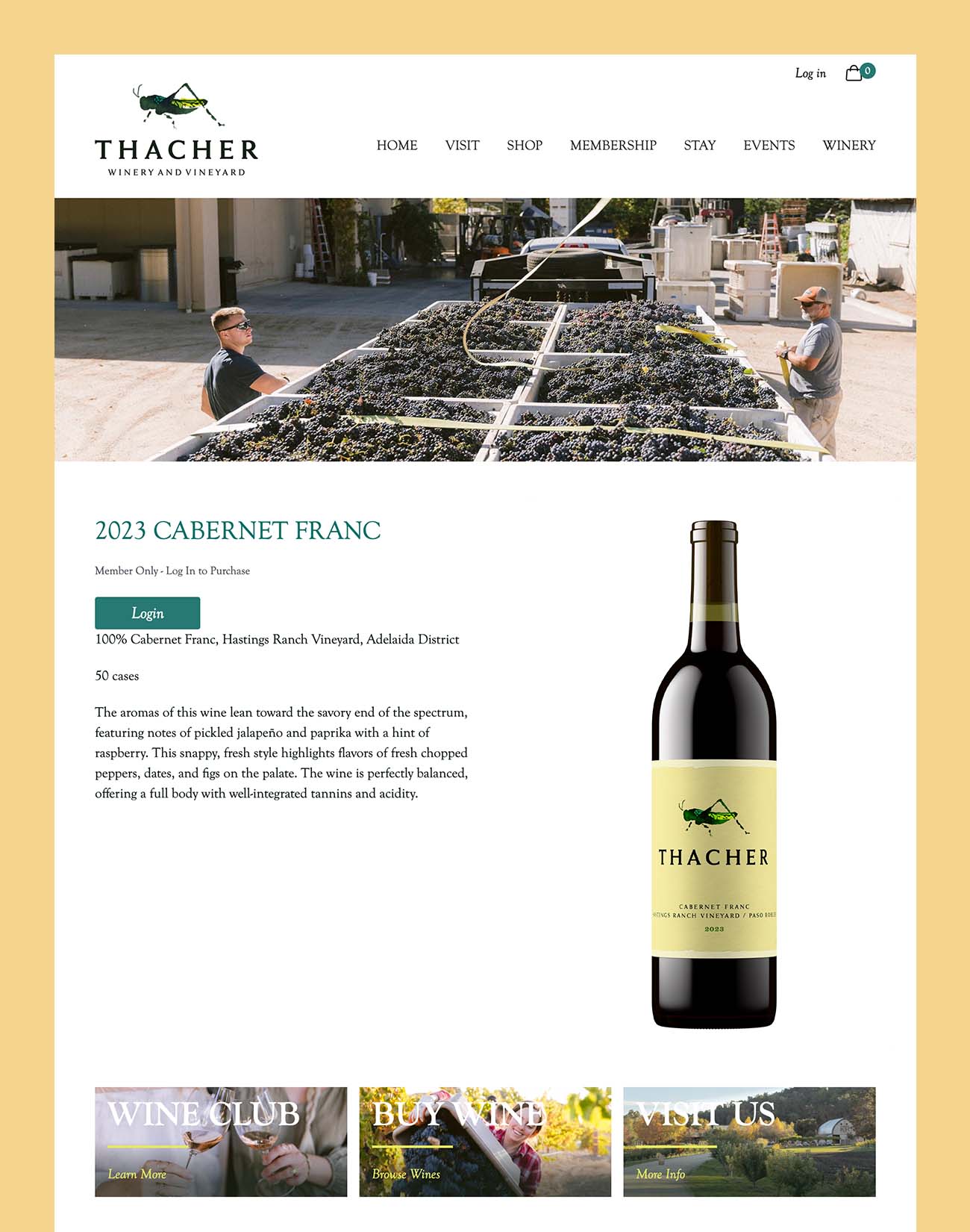 Thacher Winery product page for the 2023 Cabernet Franc, showing a bottle shot in use on a direct-to-consumer listing