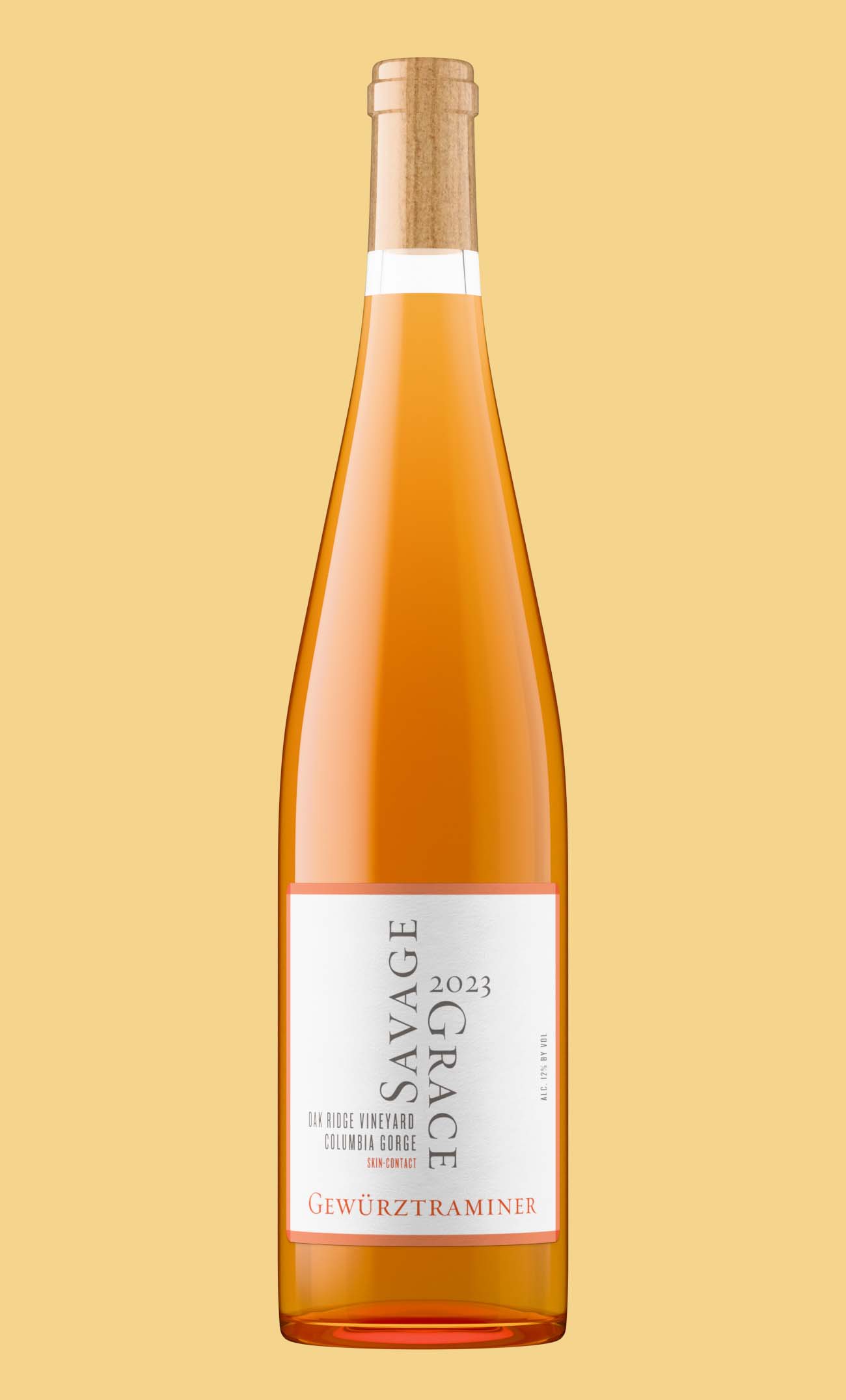 Savage Grace 2023 skin-contact Gewürztraminer bottle shot, a tall flute bottle with amber liquid tone and a natural cork closure