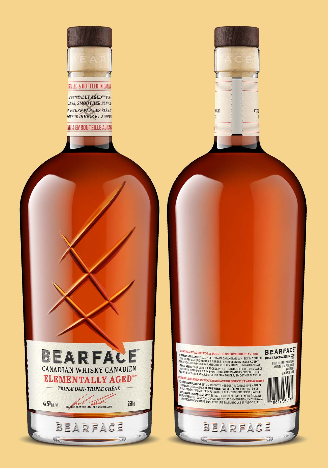 BEARFACE Canadian whisky front and back bottle shots showing embossed glass and a full back label, work that requires a Studio Shine Credit