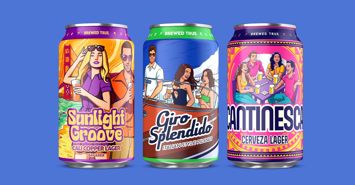 Three Brewed True craft beer cans, Sunlight Groove, Giro Splendido, and Cantinesca, rendered from label artwork before packaging day