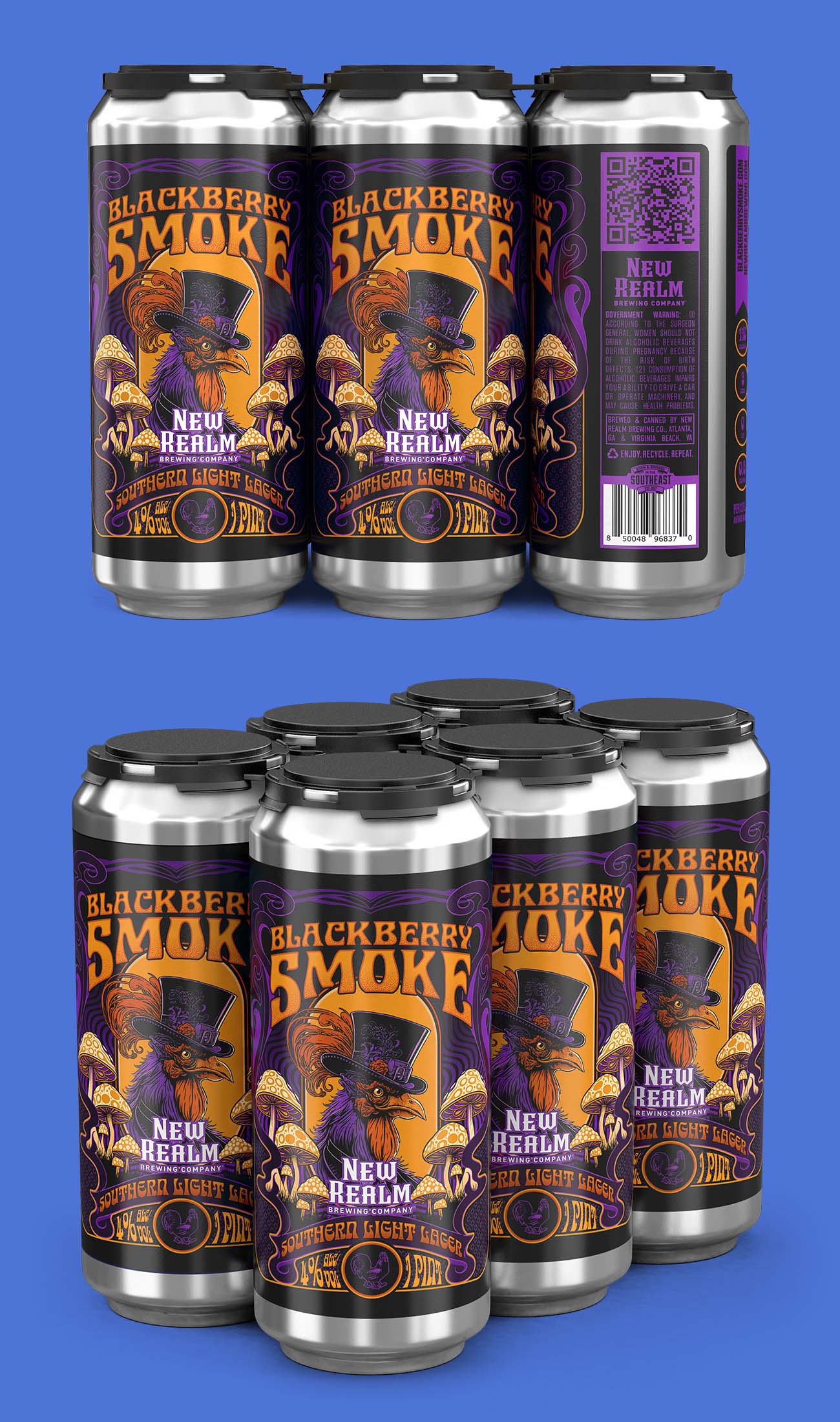 New Realm Brewing Blackberry Smoke southern light lager in four-pack and six-pack can renders, built from the print-ready label file