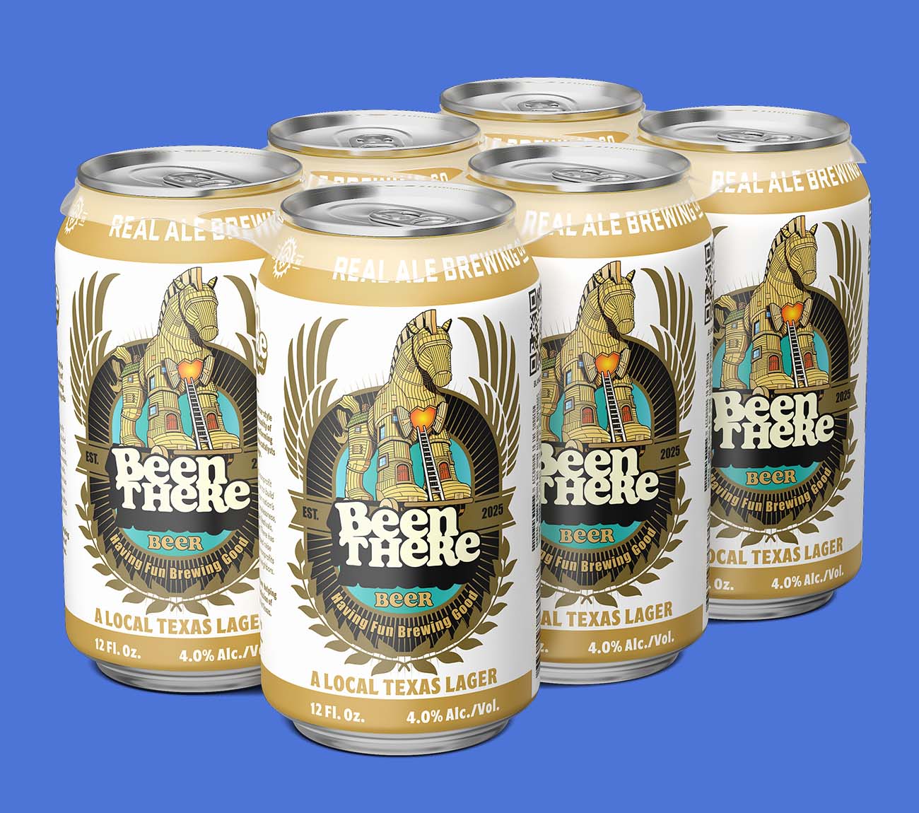 Real Ale Brewing Been There Texas lager six-pack render, the pack shot a distributor sell sheet needs weeks before the first case ships