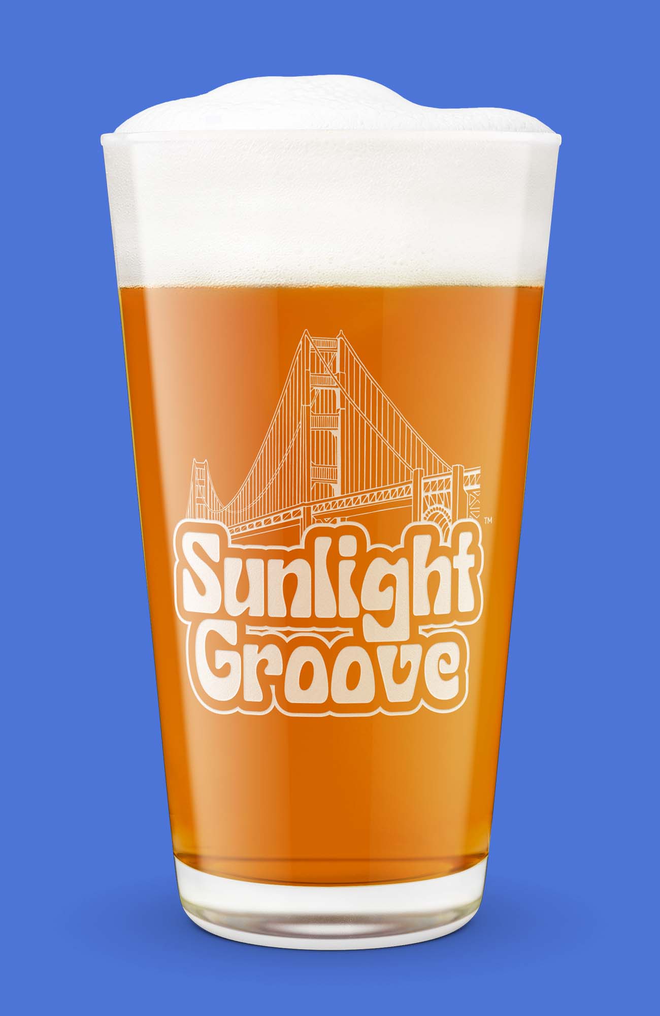 Branded Sunlight Groove pint glass filled with copper lager, rendered from the same label artwork as the packaging shots