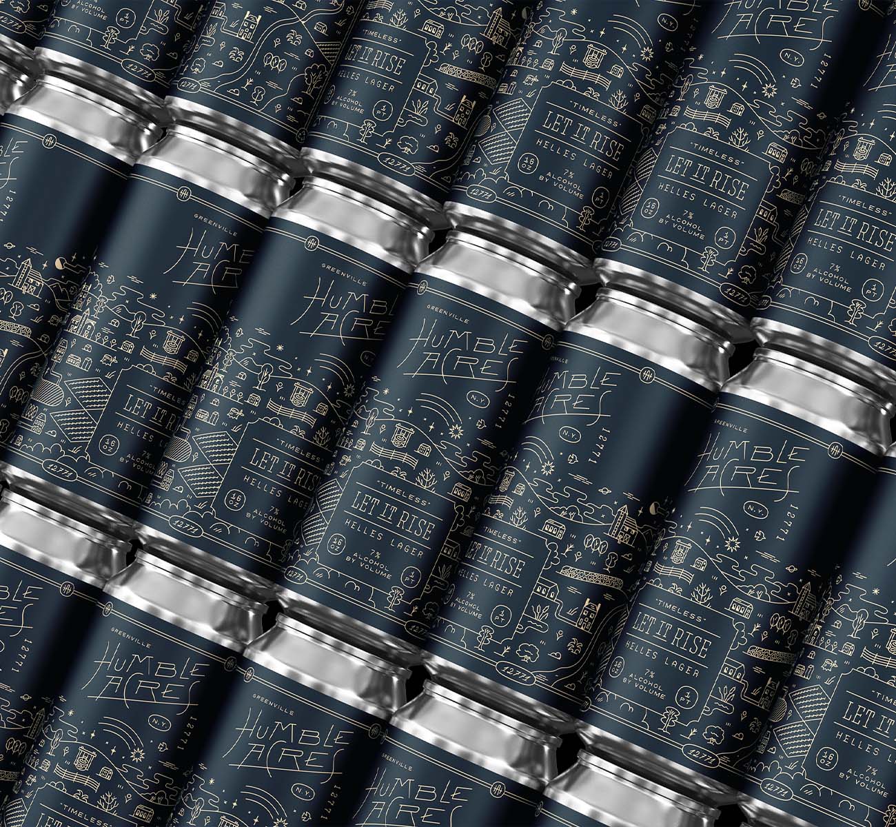 Humble Acres Let It Rise helles lager cans in a tiled pattern, every unit rendered from one label file with no photoshoot