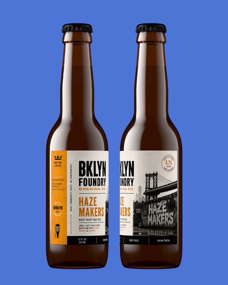 BKLYN Foundry Haze Makers hazy IPA in amber longneck bottles with crown caps, front and back label views rendered from the label file