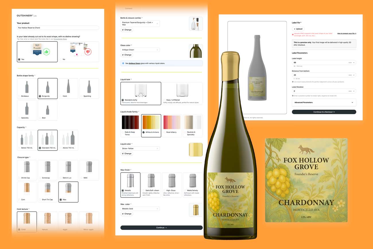 Outshinery Lite generator screens showing the bottle shape, closure, glass color, liquid shade and wax finish pickers beside a live label preview on a Chardonnay bottle