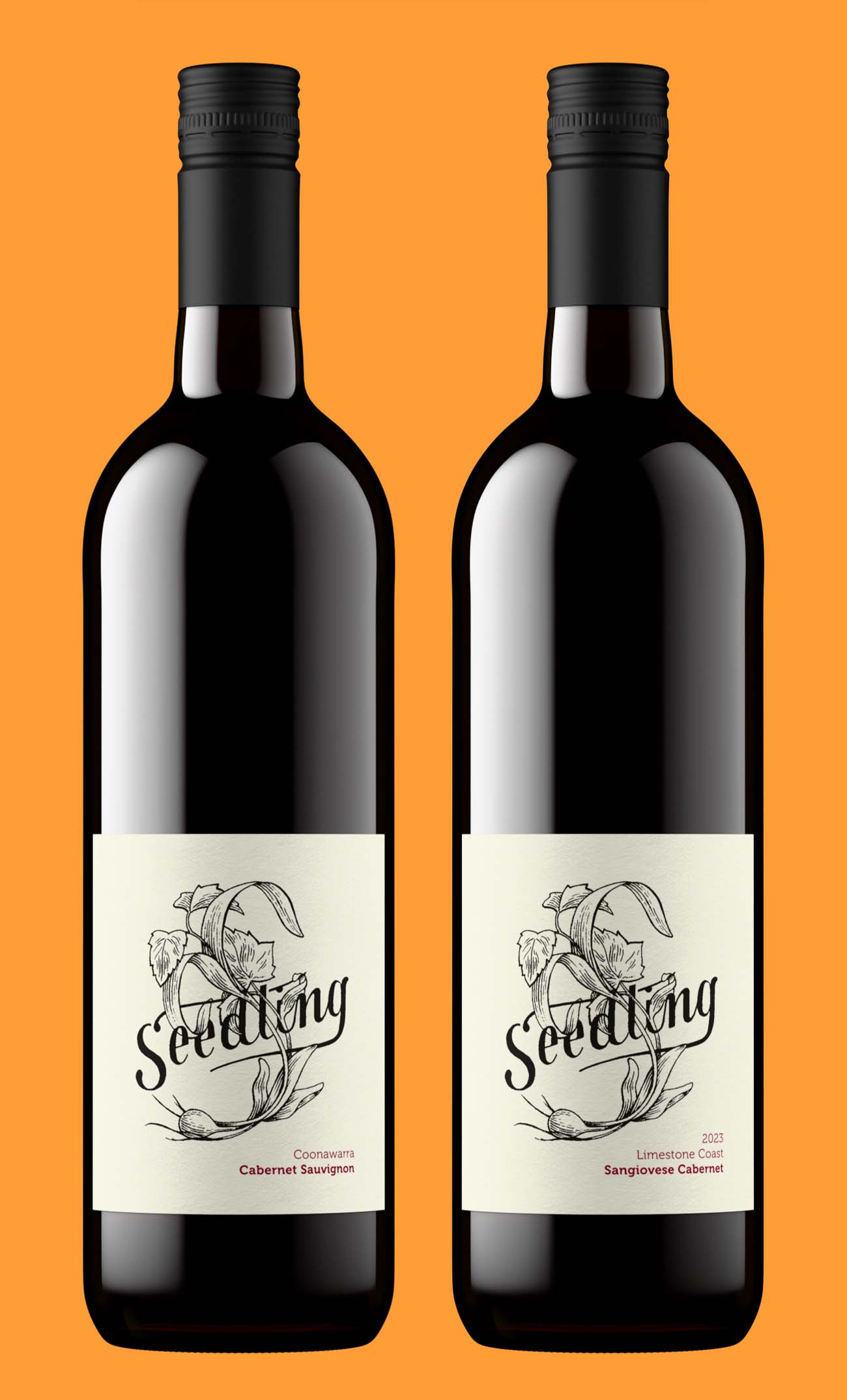 Two red wine bottles side by side with matching black closures and identical labels, showing a bottle shot generator returns the same image from the same inputs