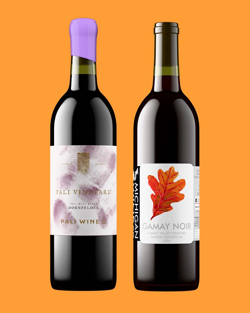 Two red wine bottles, one with a lavender capsule and one turned to show its back label, both bottle shots generated from the same bottle configuration