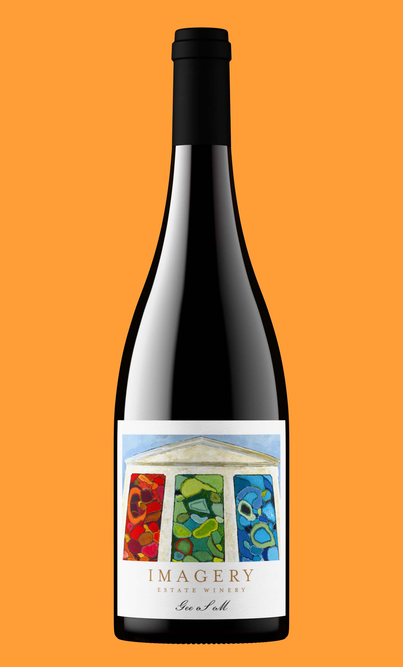 Red wine bottle in a Burgundy shape with a black capsule and a painted art label, standard packaging that a fixed bottle library renders without a custom mold