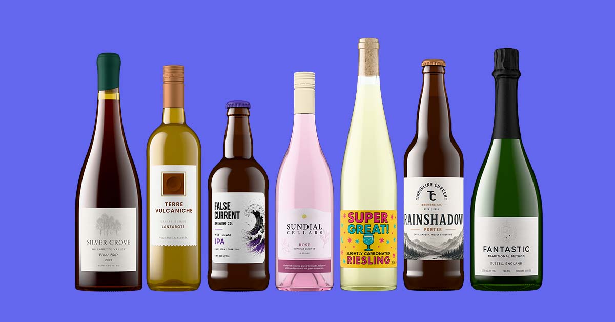 Wine, beer and sparkling bottle shots created with Outshinery Lite, shown as one consistent lineup
