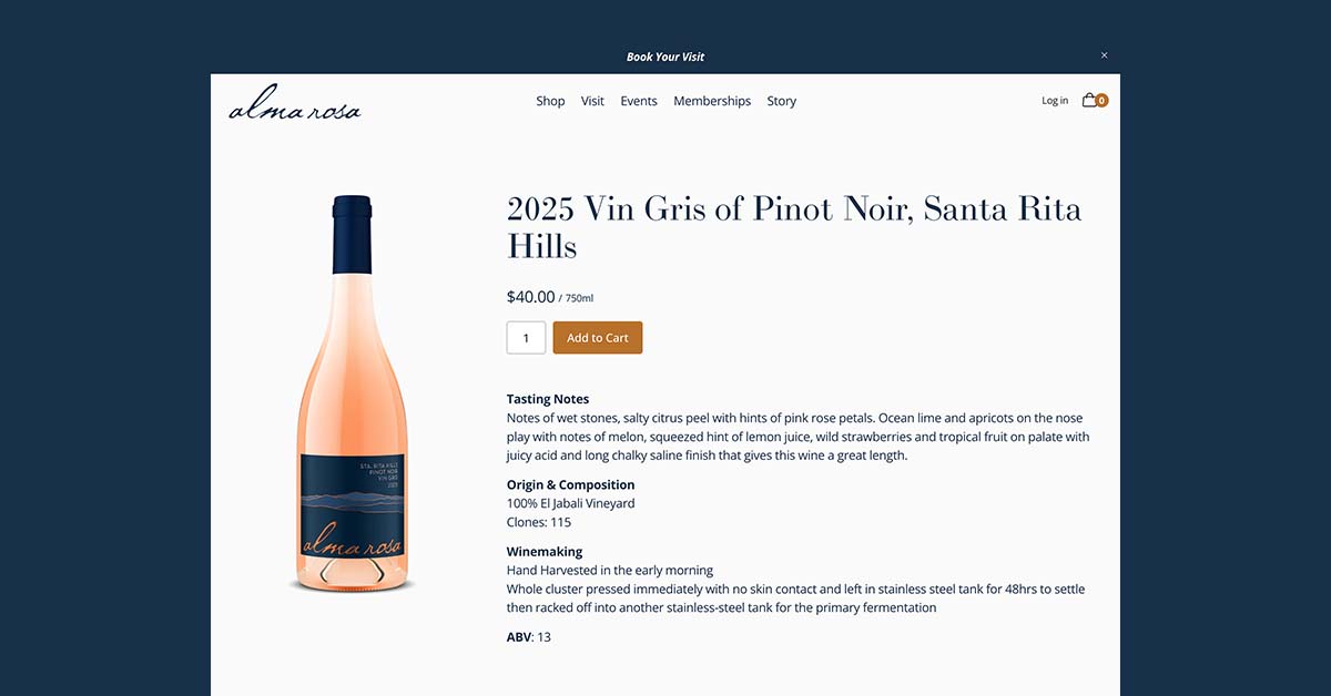 Beverage product detail page anatomy with a photorealistic wine bottle shot by Outshinery as the primary product image