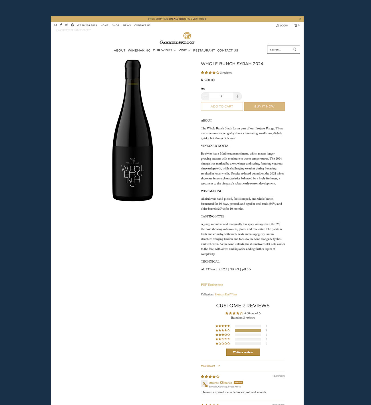 Gabriëlskloof Whole Bunch Syrah 2024 product page showing the bottle image, price, add-to-cart button, description, tasting note, and technical specs stacked above customer reviews