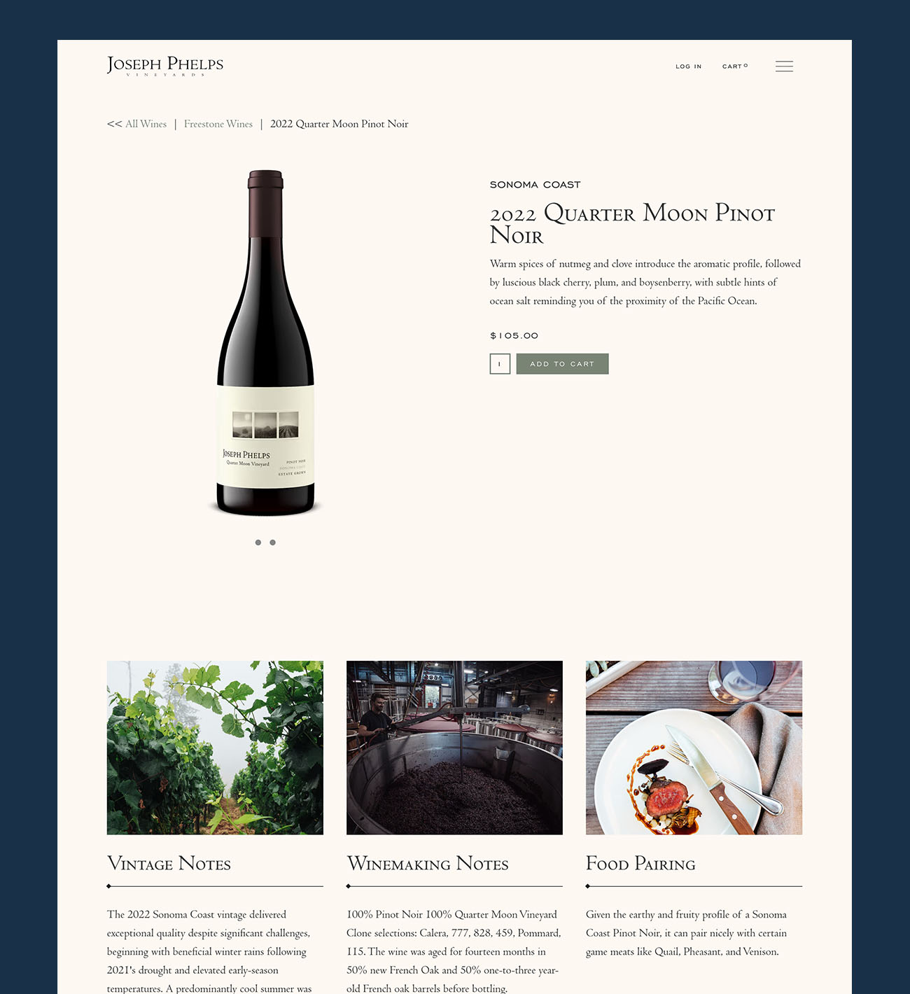 Joseph Phelps 2022 Quarter Moon Pinot Noir product page with the bottle image, name, and price above the fold, followed by vintage notes, winemaking notes, and food pairing highlights