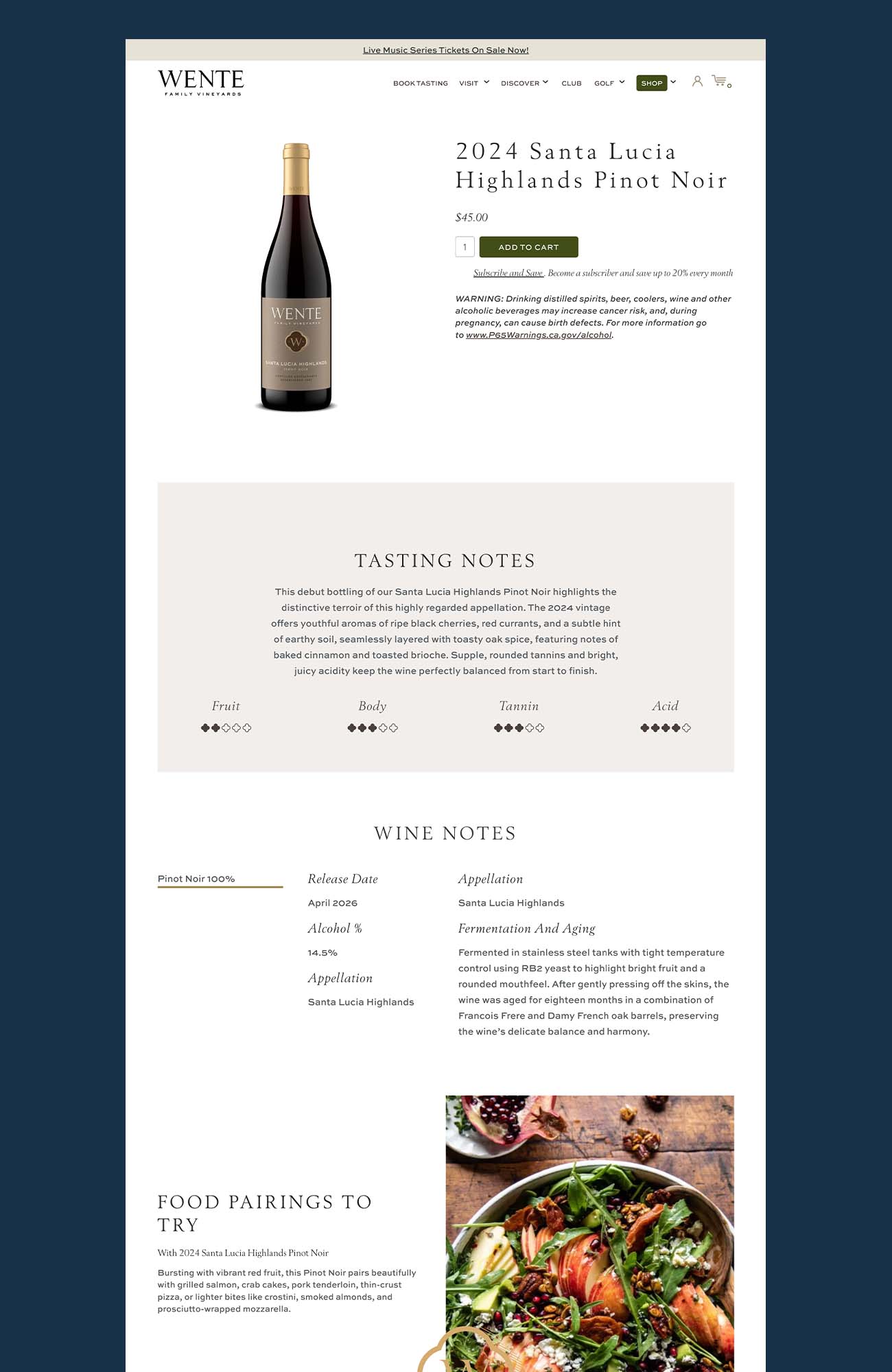 Wente Family Vineyards 2024 Santa Lucia Highlands Pinot Noir product page with an alcohol warning near the buy button, tasting note ratings, and a wine notes spec block listing ABV and appellation