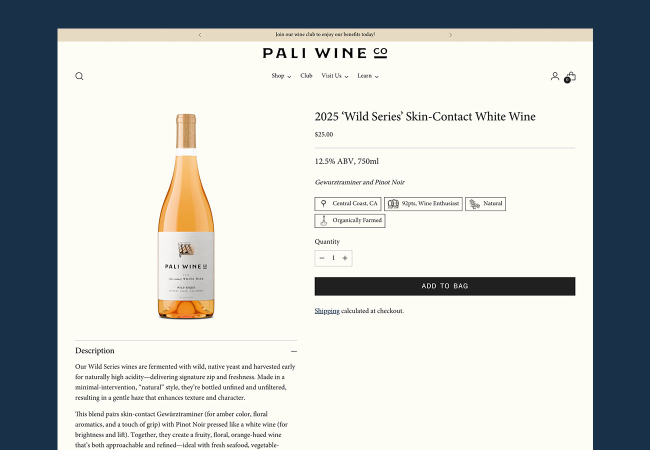 Pali Wine Co 2025 Wild Series Skin-Contact White Wine product page with ABV and format, icon badges for Central Coast appellation, 92 points Wine Enthusiast, natural, and organically farmed, above the add-to-bag button