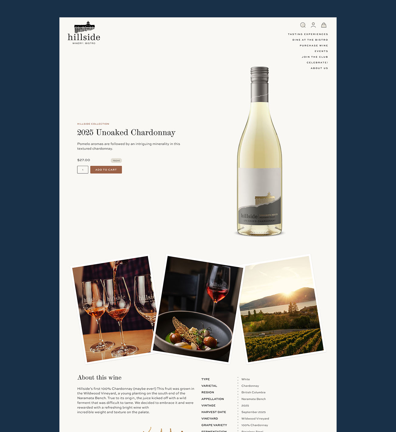 Hillside Winery 2025 Unoaked Chardonnay product page with lifestyle photos, a wine description, and a spec table listing type, varietal, region, and vintage