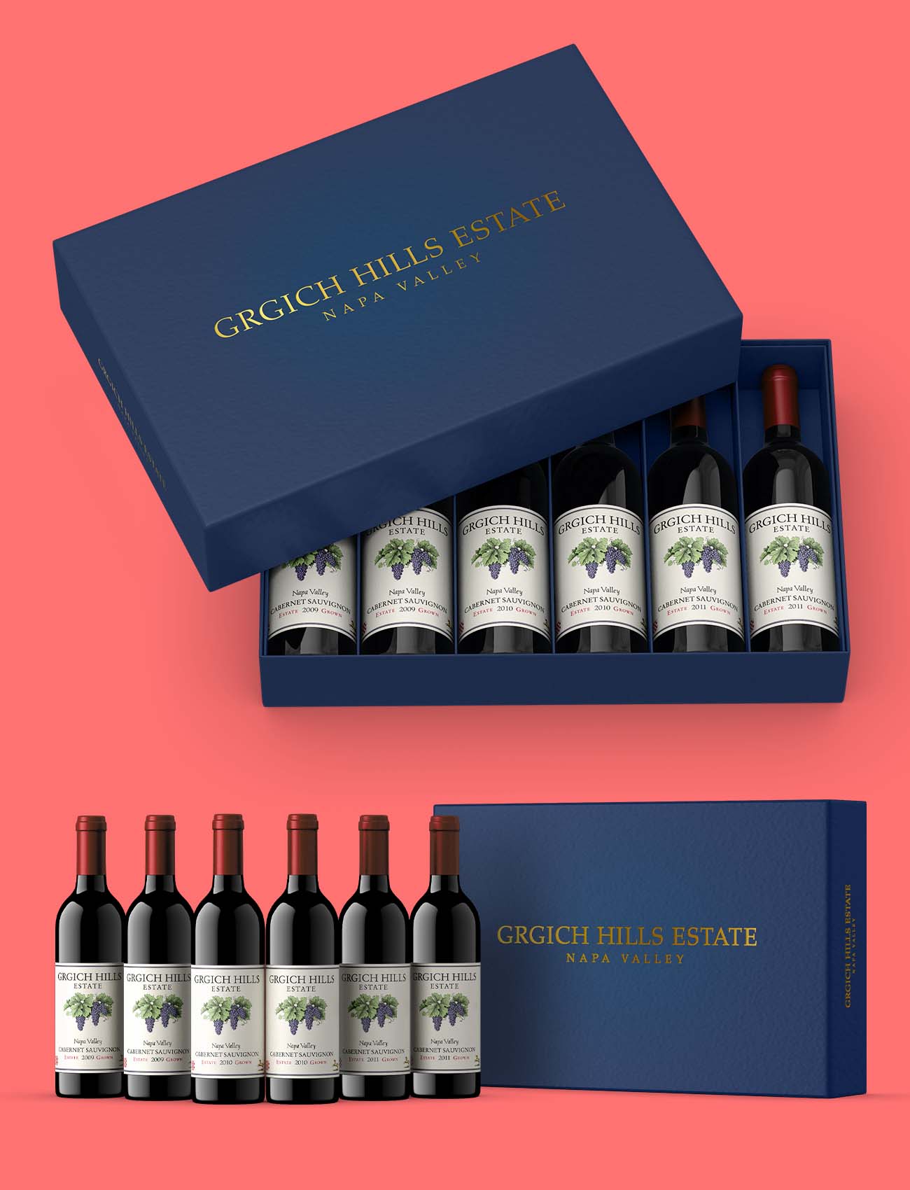 Grgich Hills Estate Napa Valley Cabernet Sauvignon gift set, a gold-foil gift box open and closed beside six vintage-labeled bottles